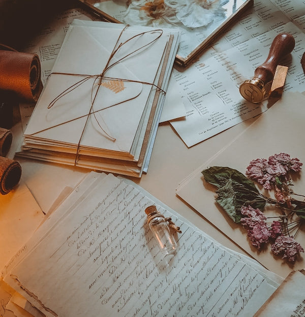 a table topped with lots of papers and flowers