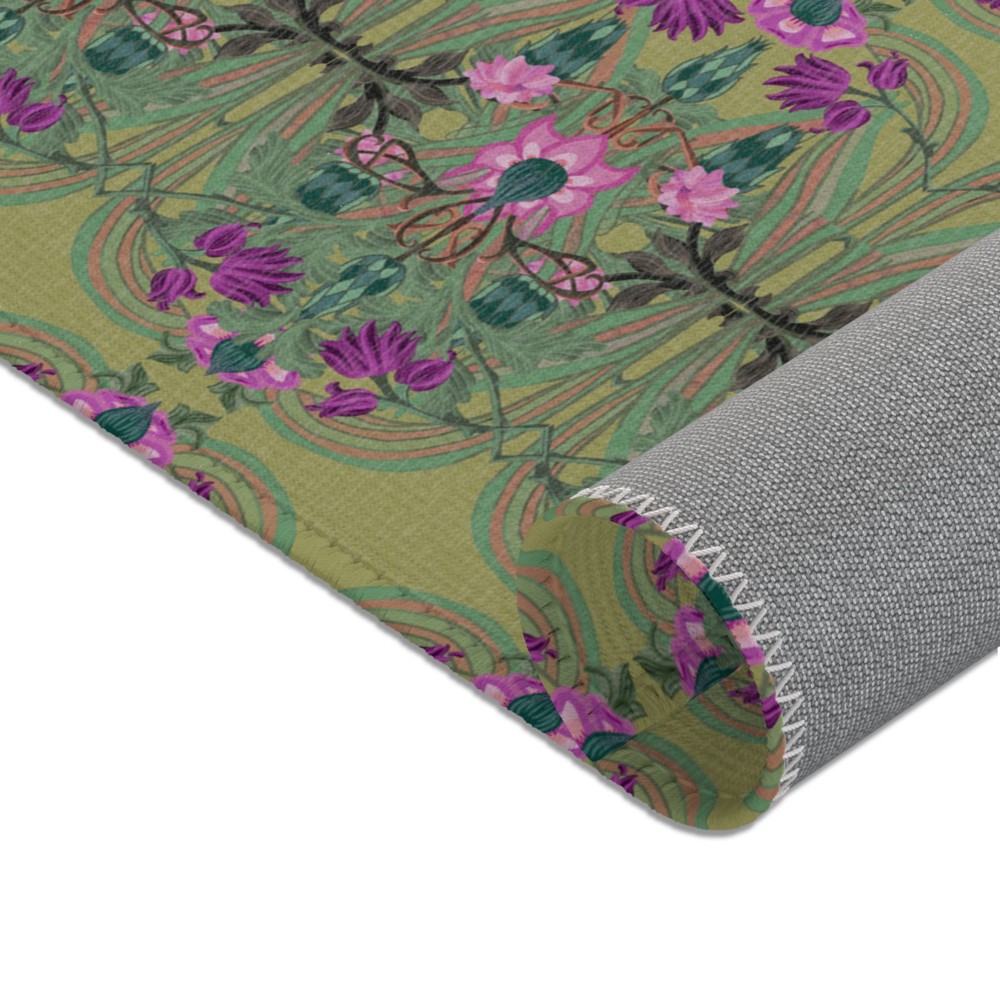 Boho Art Deco Moss & Purple Area Rug — Distressed Ornamental Accent Rug