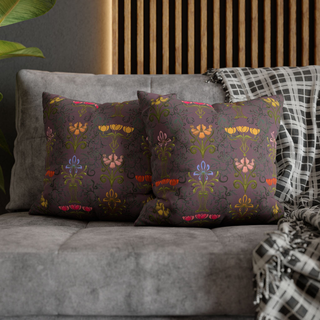 Ornate Floral Tulips in Earth Slate Decorative Square Pillowcase