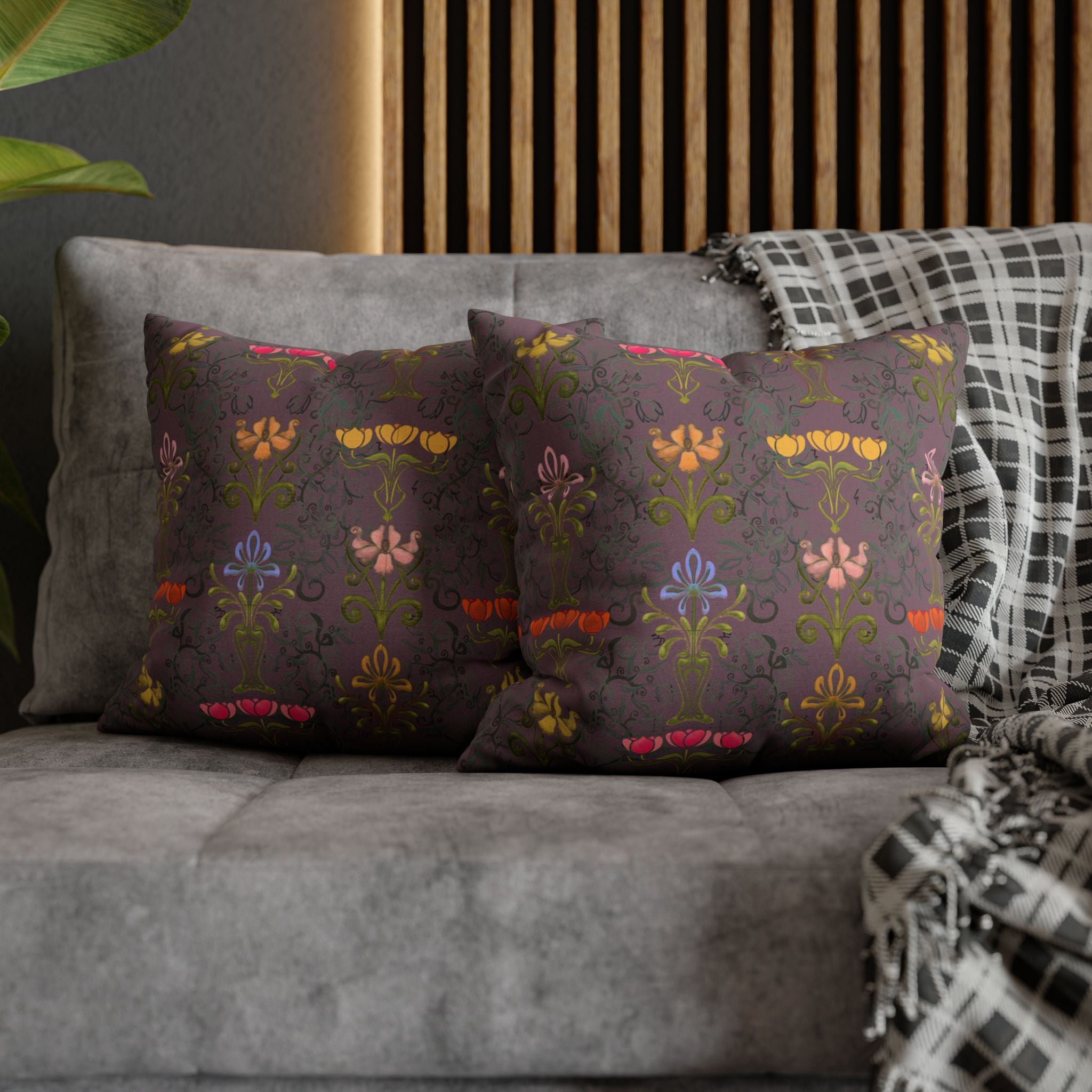Ornate Floral Tulips in Earth Slate Decorative Square Pillowcase