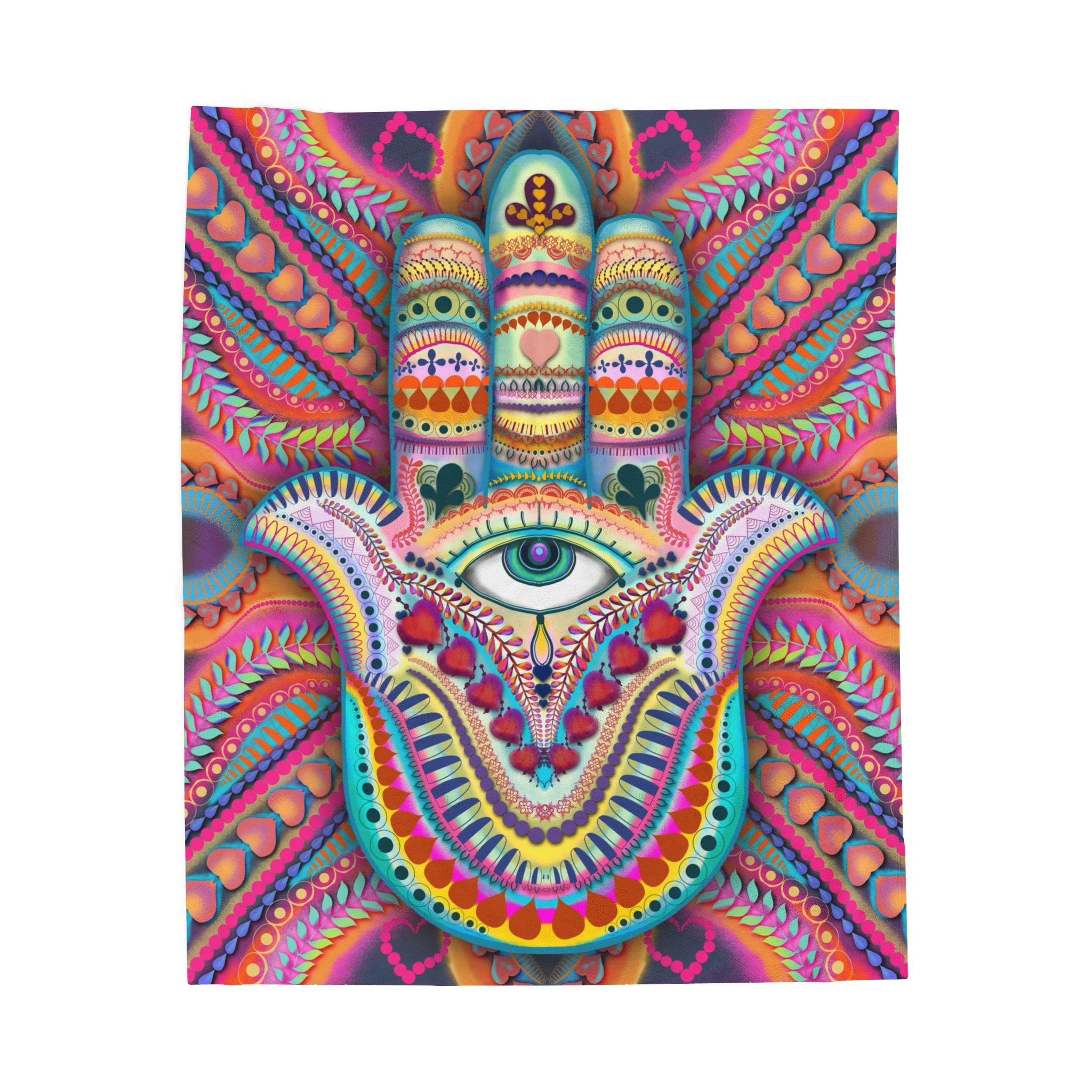 Hamsa Design Number 3 Minky Velveteen Blanket — Colorful Hamsa Eye Bohemian Plush Throw