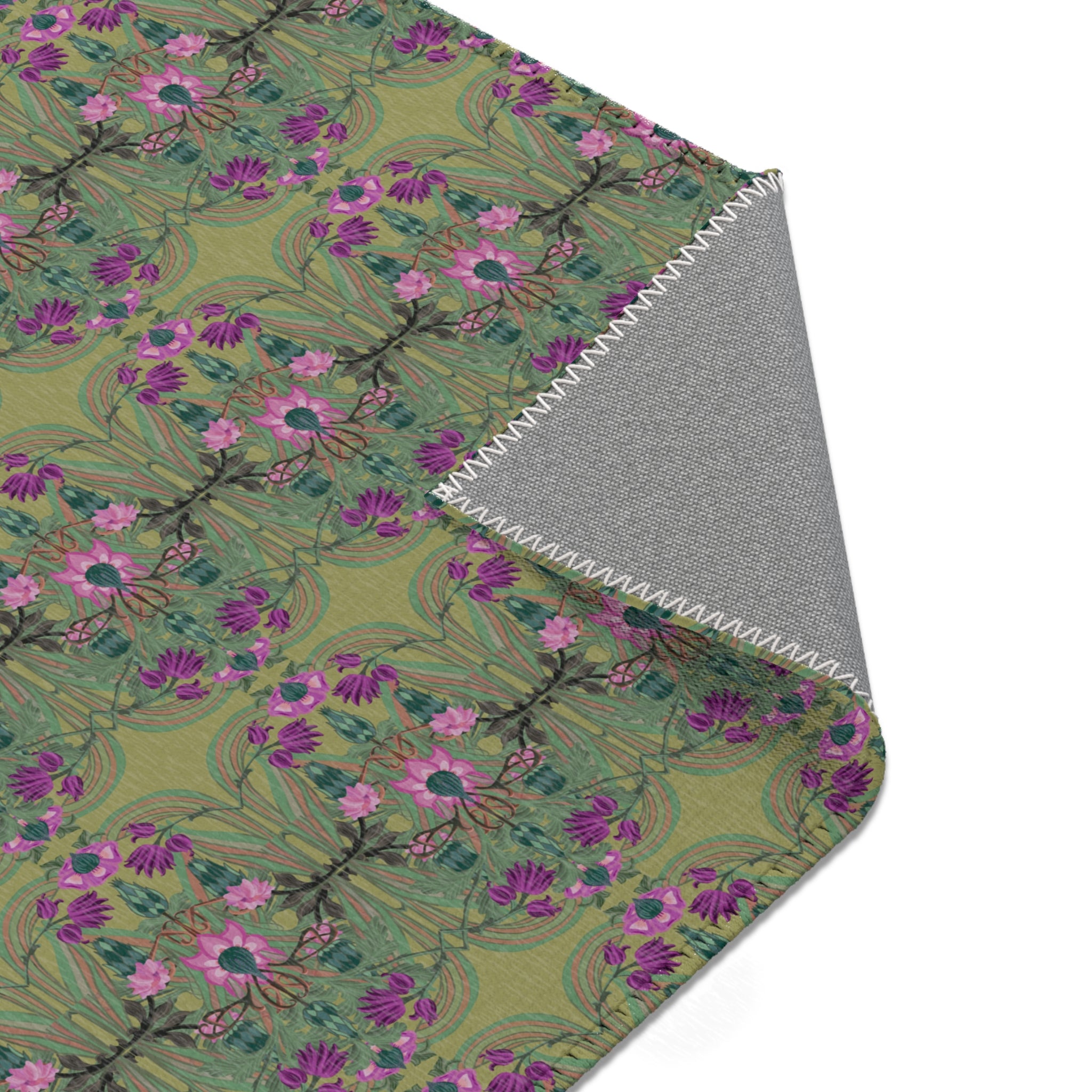 Boho Art Deco Moss & Purple Area Rug — Distressed Ornamental Accent Rug