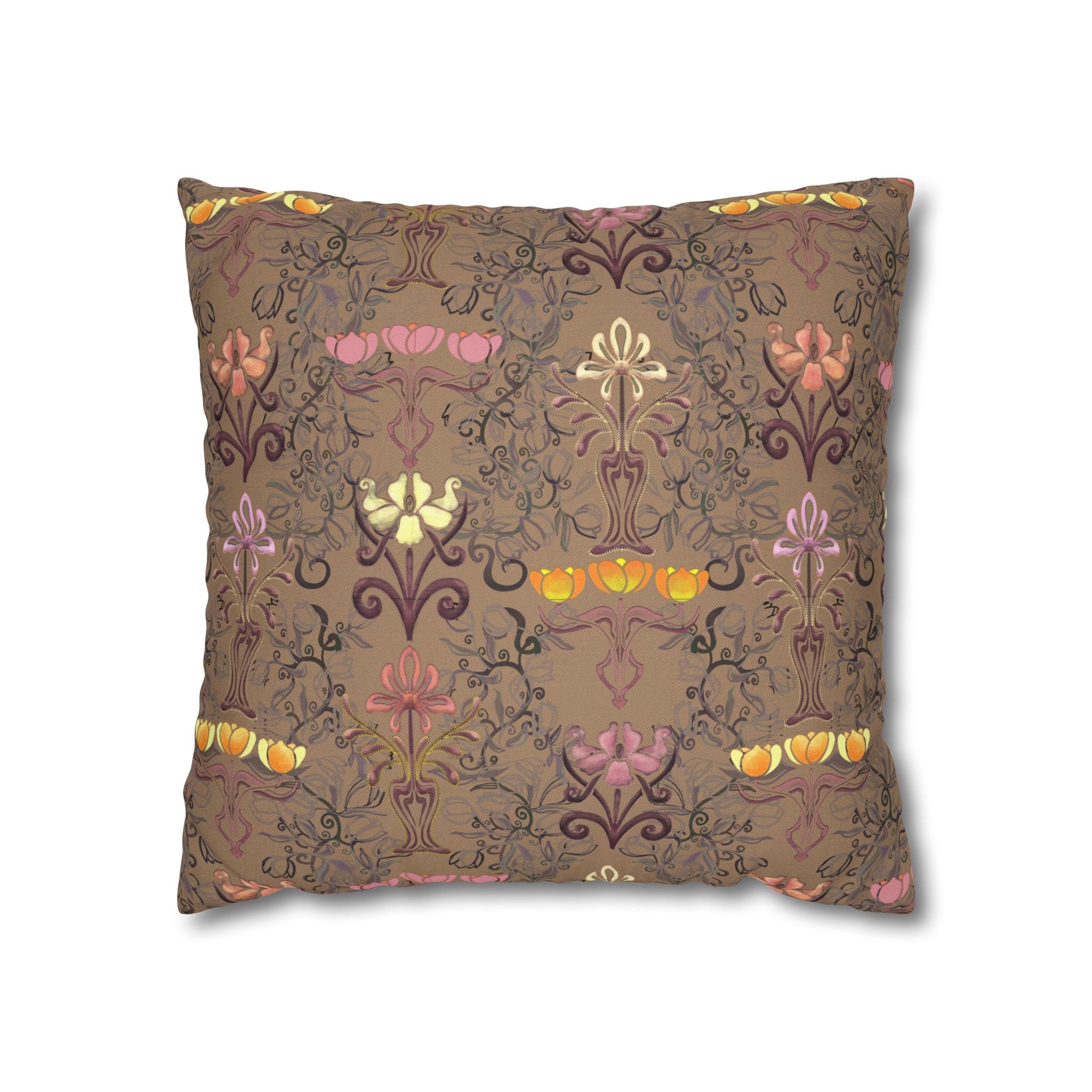 Warm Yellow Ornate Floral Tulips Decorative Square Pillowcase