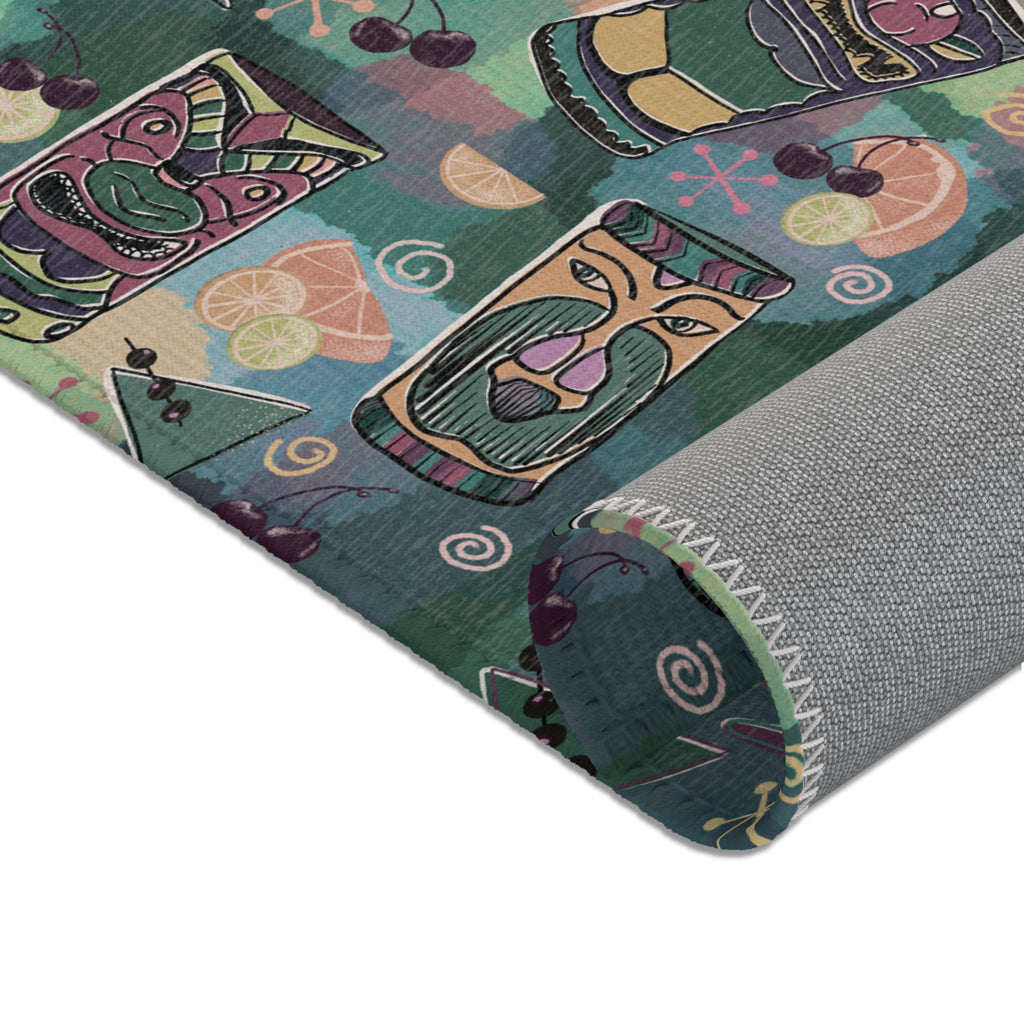 Kitschy Tiki in Pine Green Area Rug — Distressed Ornamental Accent Rug for Living Room, She-Sheds & Man Caves