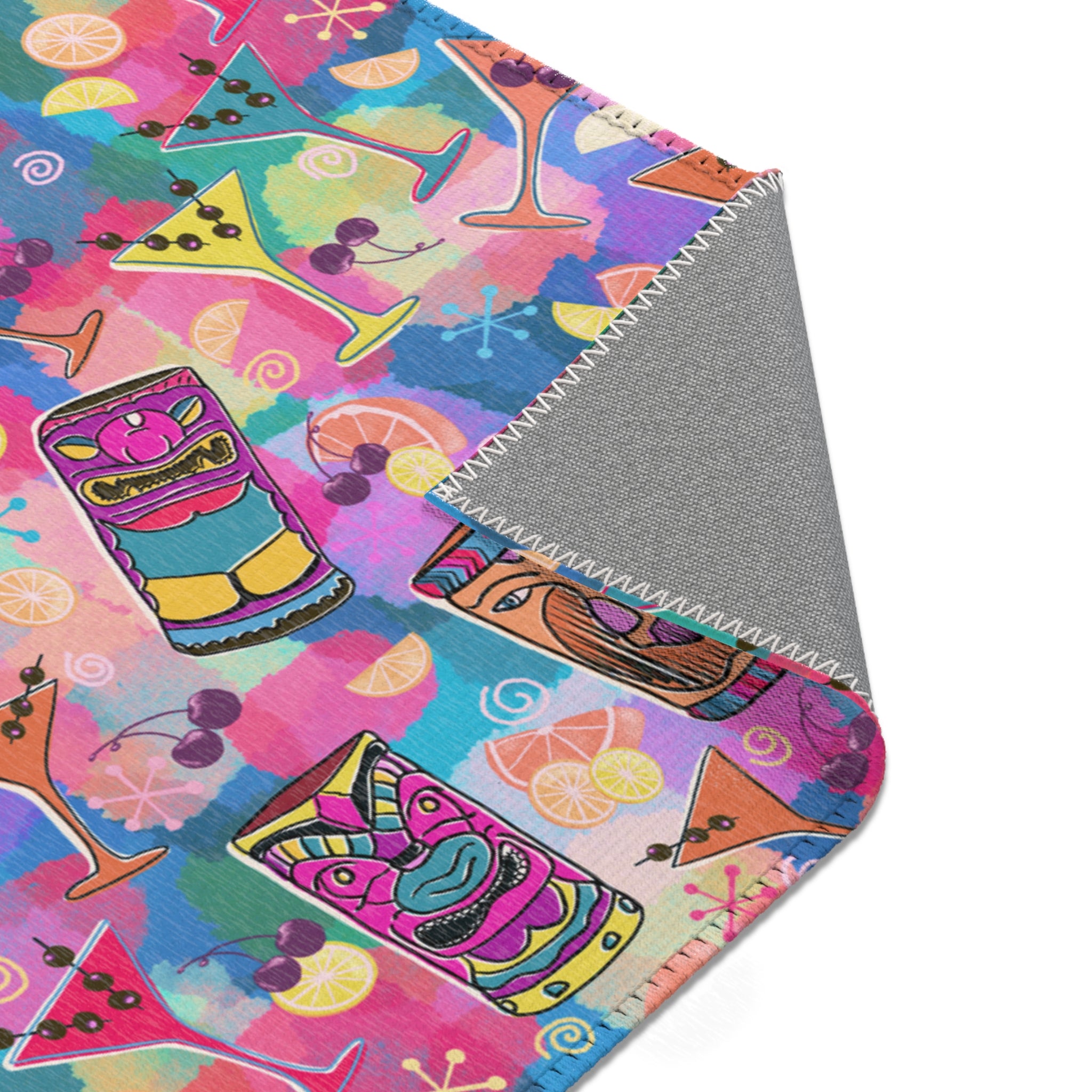 Kitschy Tiki Multicolor Pink Area Rug — Distressed Ornamental Accent Rug for Living Room, She-Sheds & Man Caves