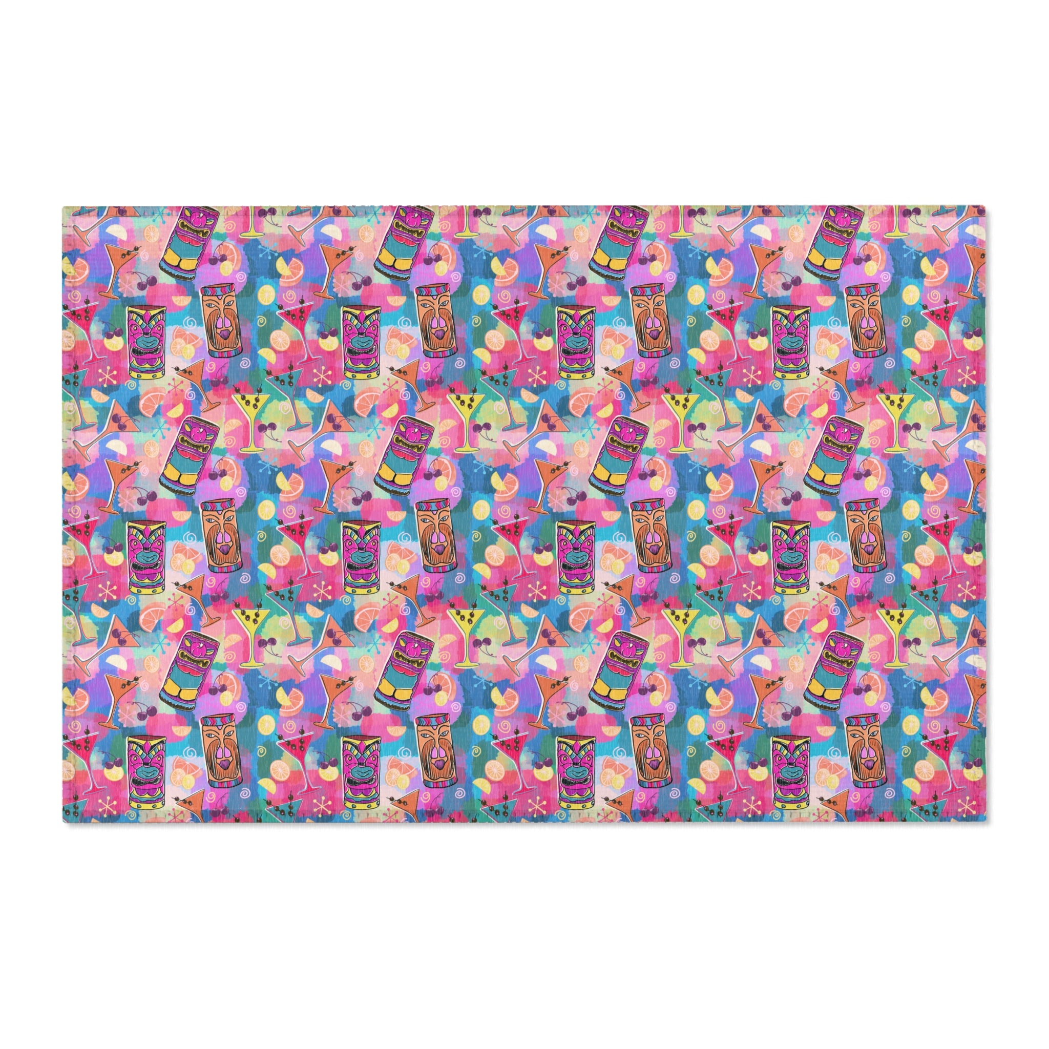 Kitschy Tiki Multicolor Pink Area Rug — Distressed Ornamental Accent Rug for Living Room, She-Sheds & Man Caves