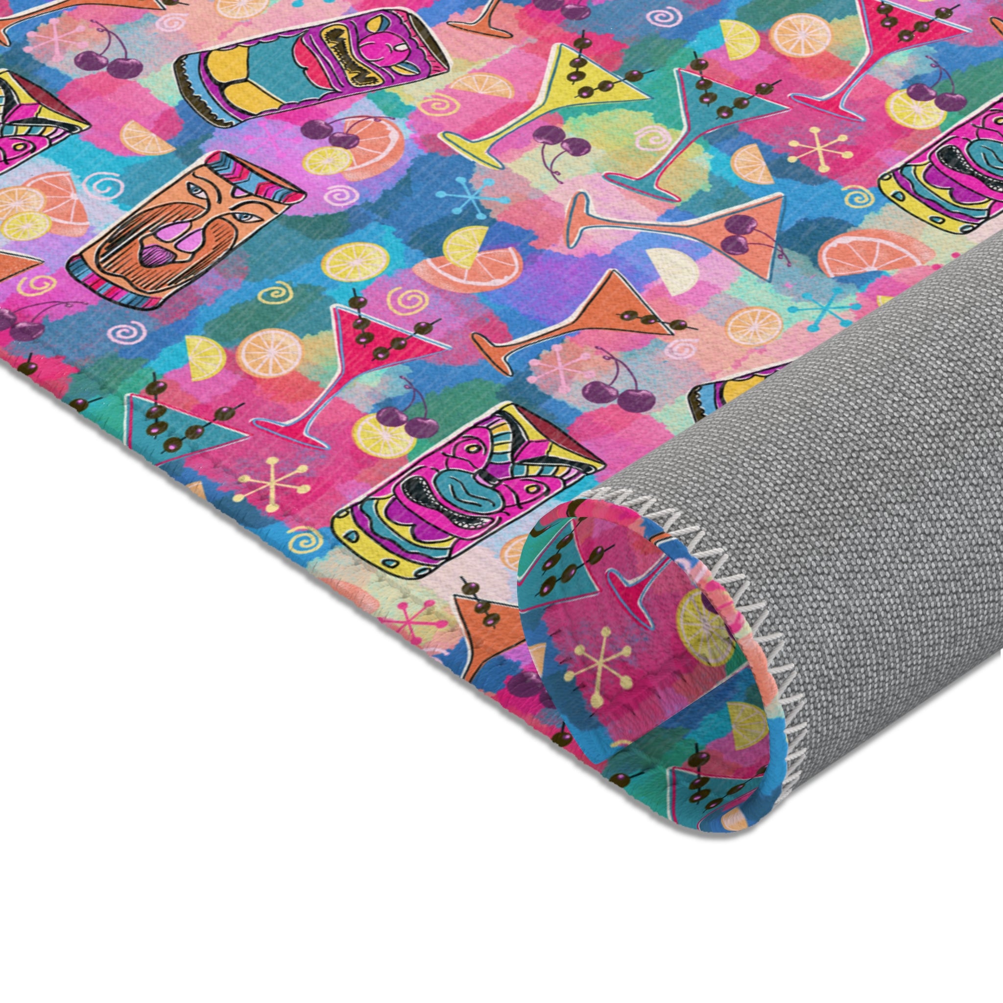 Kitschy Tiki Multicolor Pink Area Rug — Distressed Ornamental Accent Rug for Living Room, She-Sheds & Man Caves