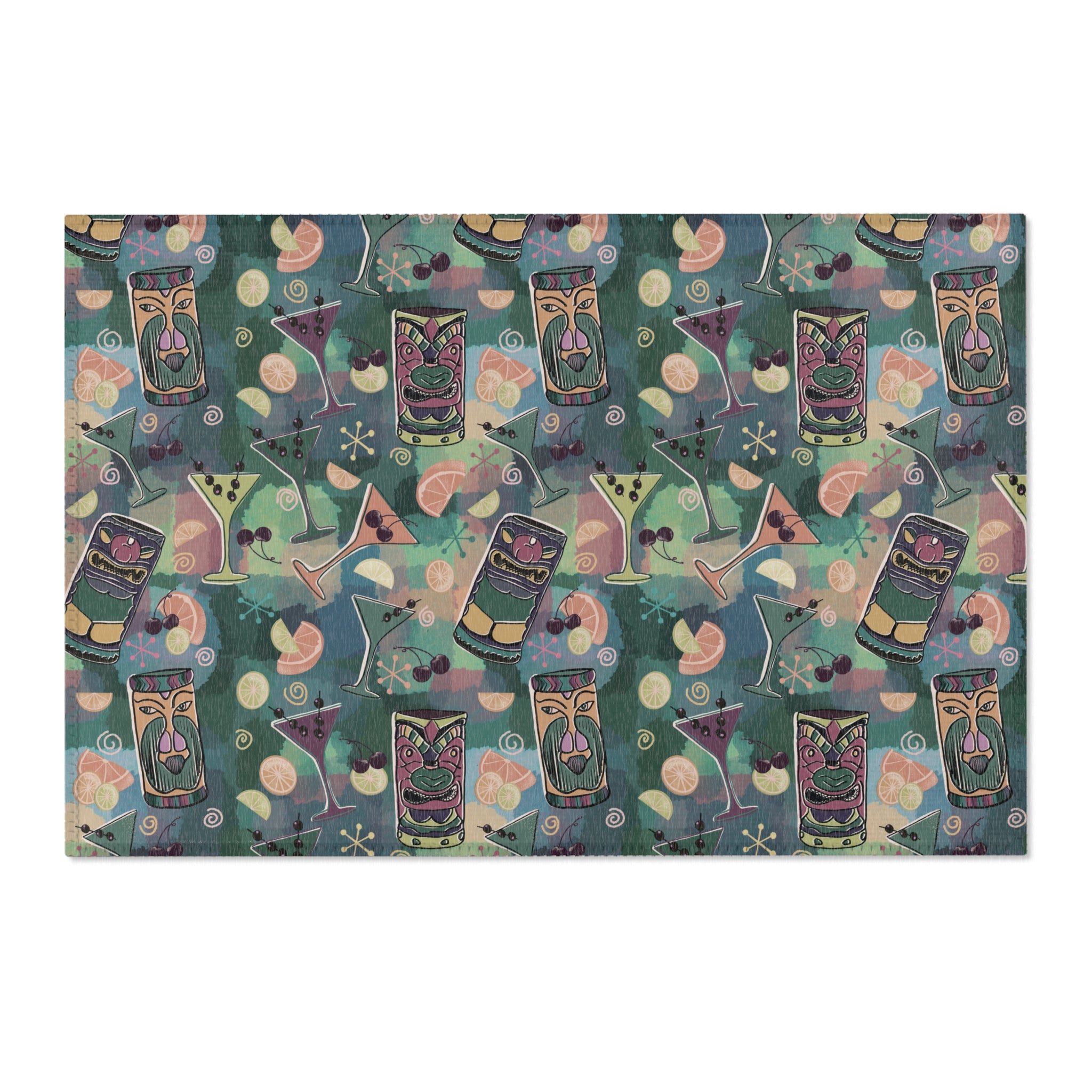 Kitschy Tiki in Pine Green Area Rug — Distressed Ornamental Accent Rug for Living Room, She-Sheds & Man Caves