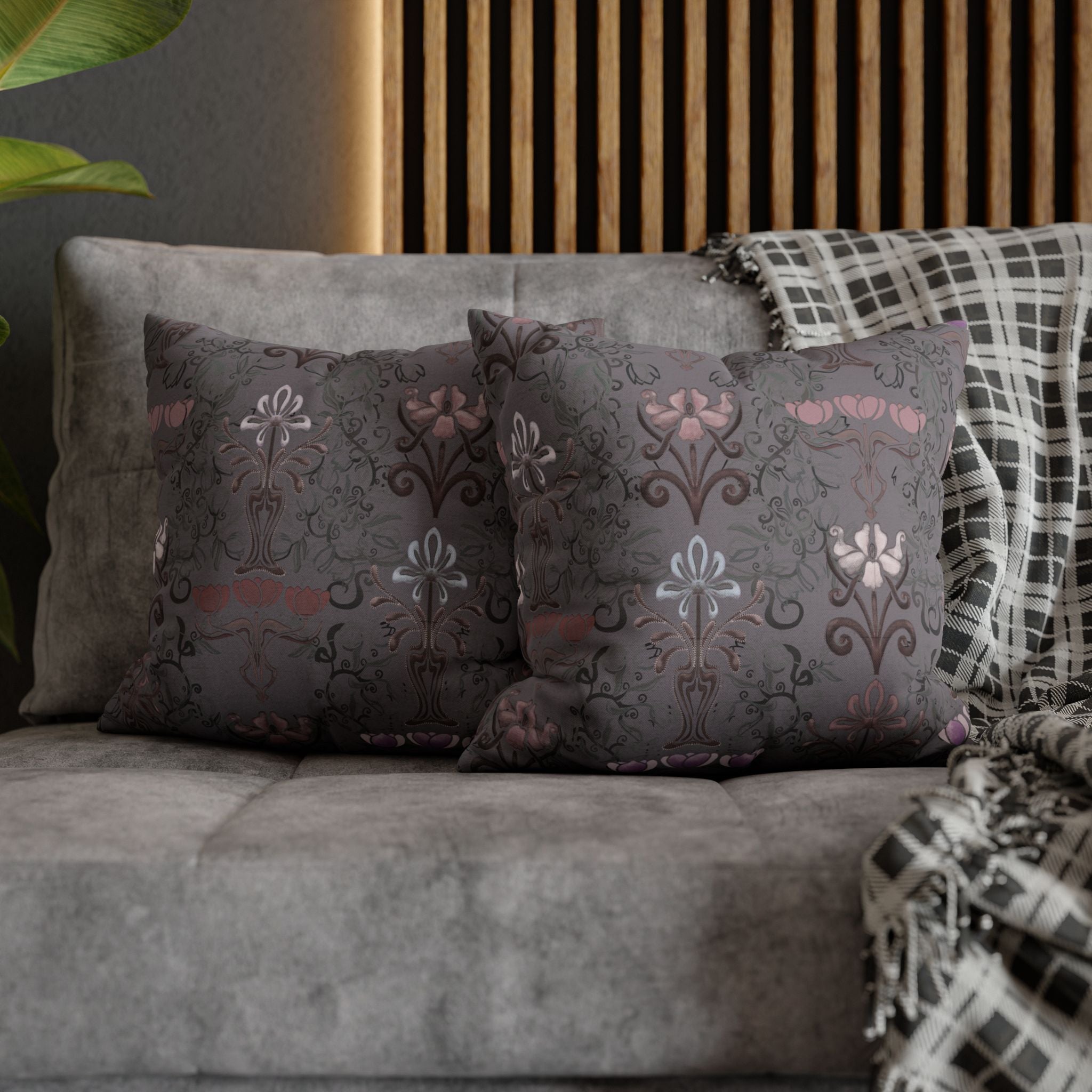 Ornate Floral Purple Tulips on Slate Decorative Square Pillowcase
