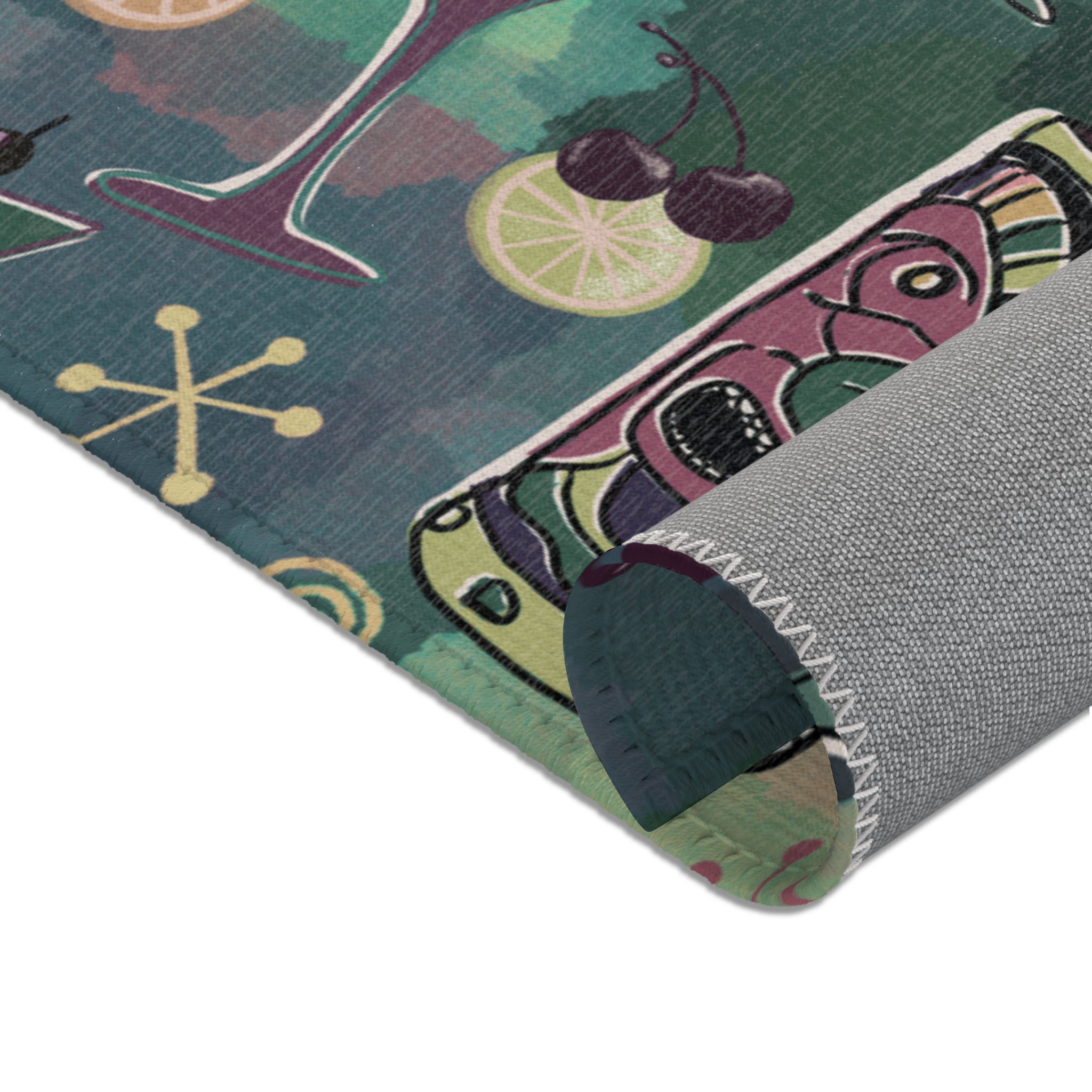 Kitschy Tiki in Pine Green Area Rug — Distressed Ornamental Accent Rug for Living Room, She-Sheds & Man Caves