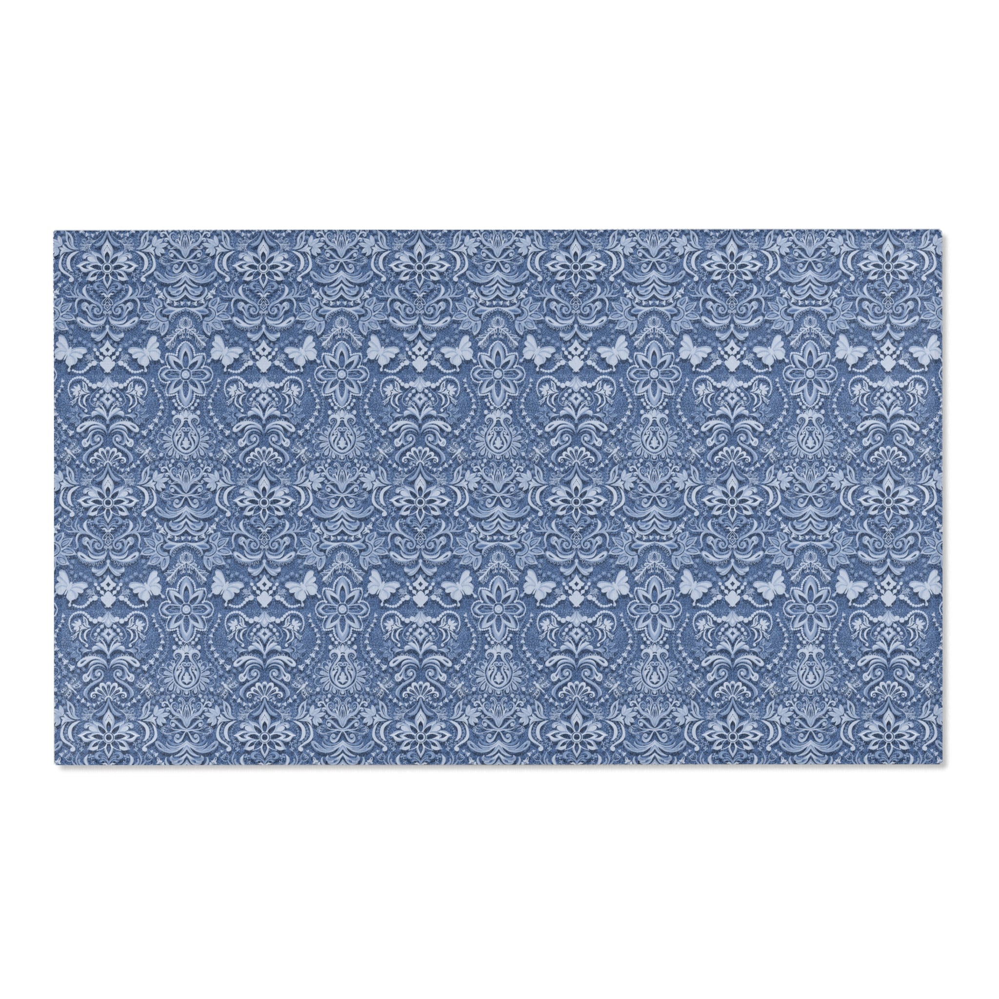 Vintage Brocade Blue Floral Butterfly Area Rug — Distressed Ornamental Accent Rug for Living Room & Bedroom