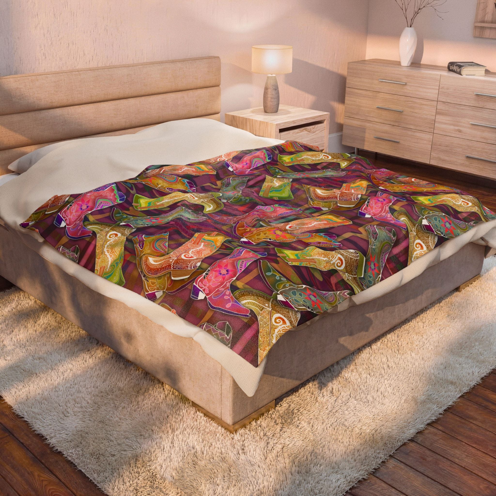 Lets Go Glamping Velveteen Plush Blanket — Multicolor Cowgirl Boots Boho Throw