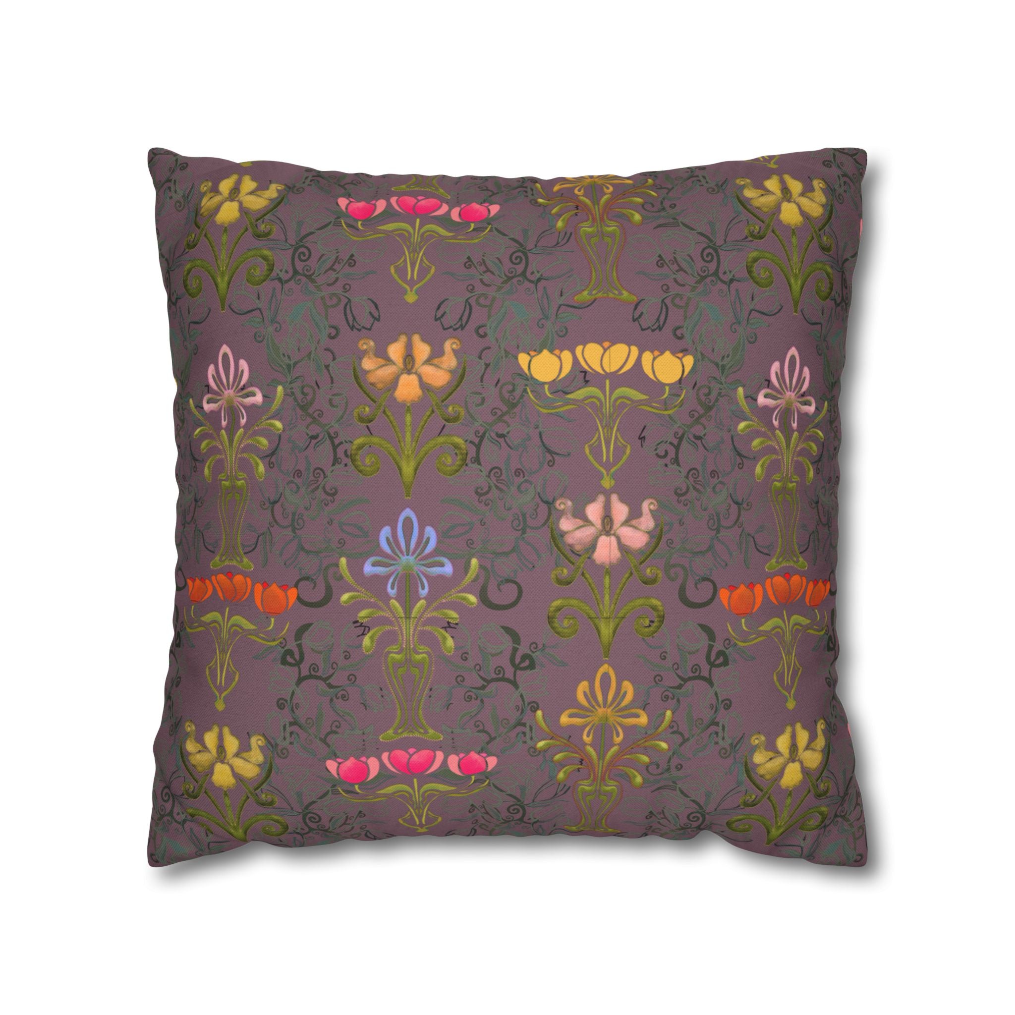 Ornate Floral Tulips in Earth Slate Decorative Square Pillowcase