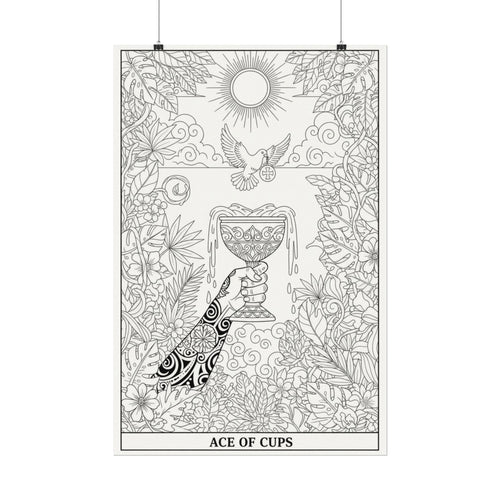 Ace of Cups Tarot Coloring Poster — Large Textured Watercolor Matte Wall Art (16x24, 24x36, 36x54)