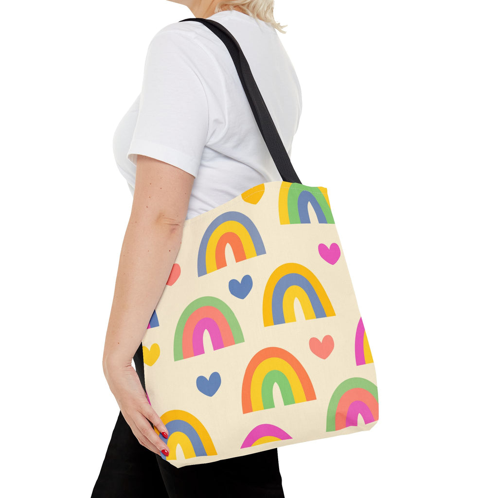 Rainbows & Hearts Tote Bag — Colorful All-Over Print Rainbow Heart Tote