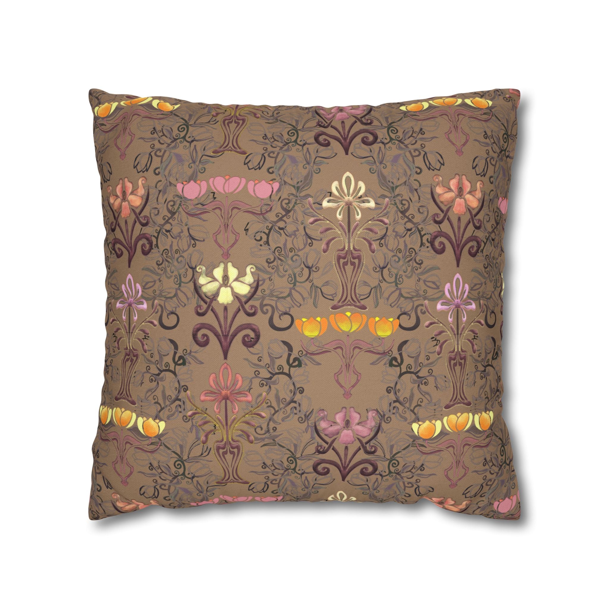 Warm Yellow Ornate Floral Tulips Decorative Square Pillowcase