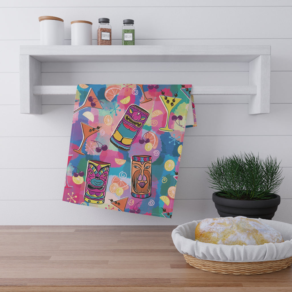 Kitschy Tiki Bar Tea Towel — Mid-Century in Multi Colors and Pinks Kitchen Dish Towel