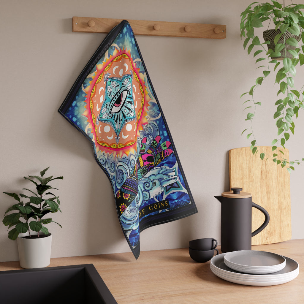 The Ace of Coins Tarot Card Kitchen Tea Towel — Design by Leah Quinn