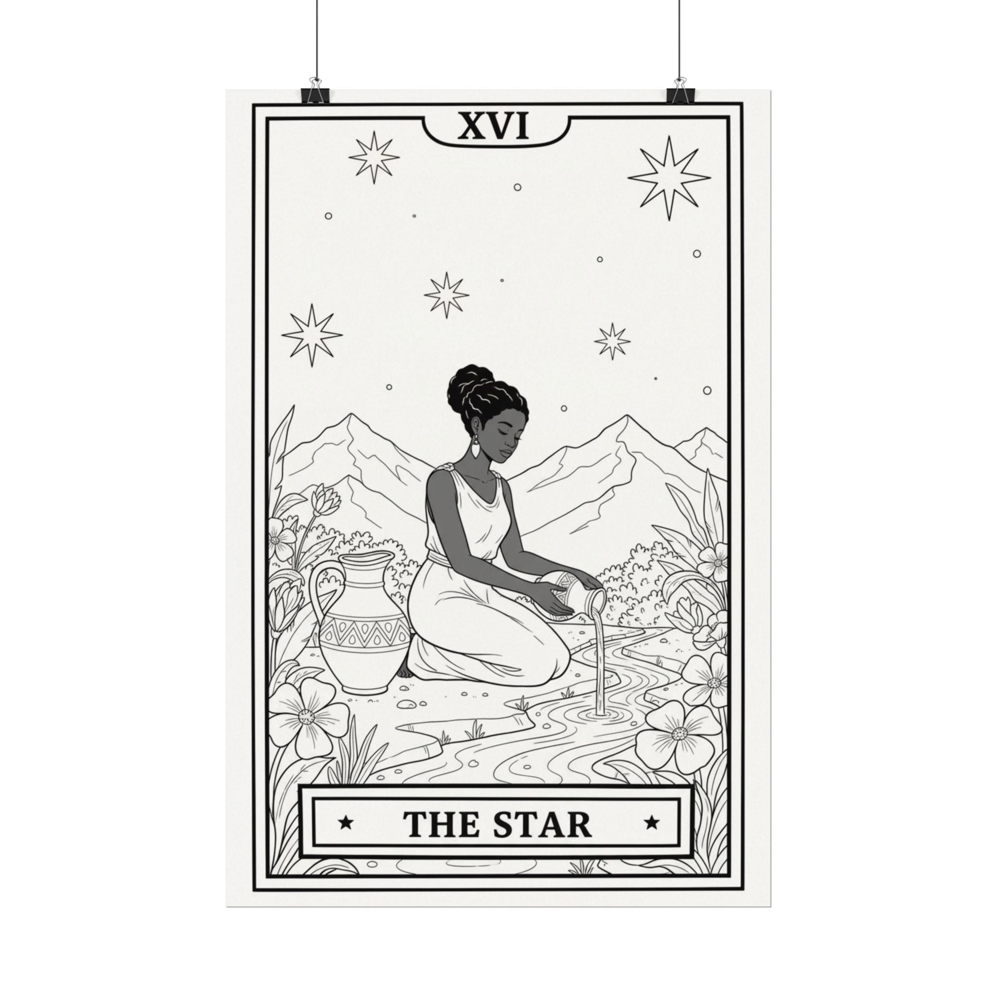 Star Tarot Card Coloring Poster — Textured Watercolor Matte Wall Art (Large)