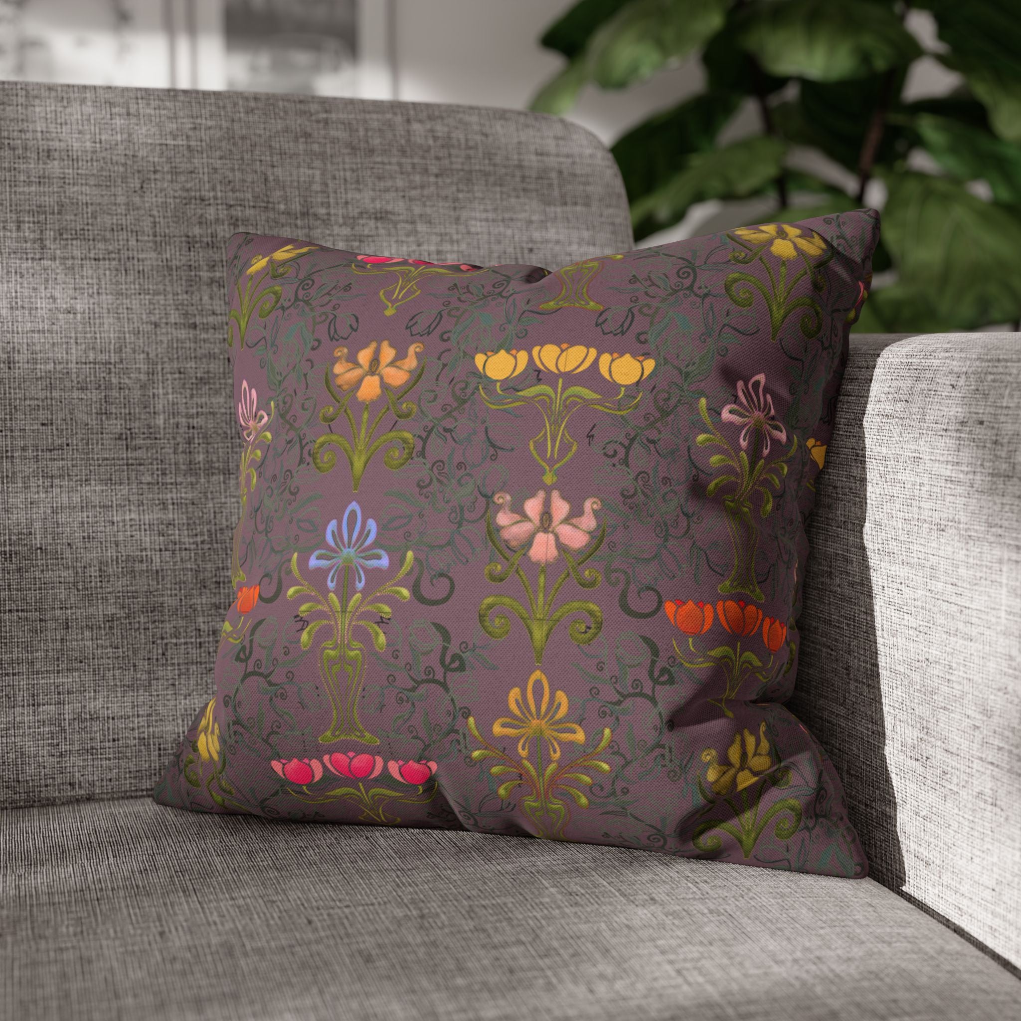 Ornate Floral Tulips in Earth Slate Decorative Square Pillowcase