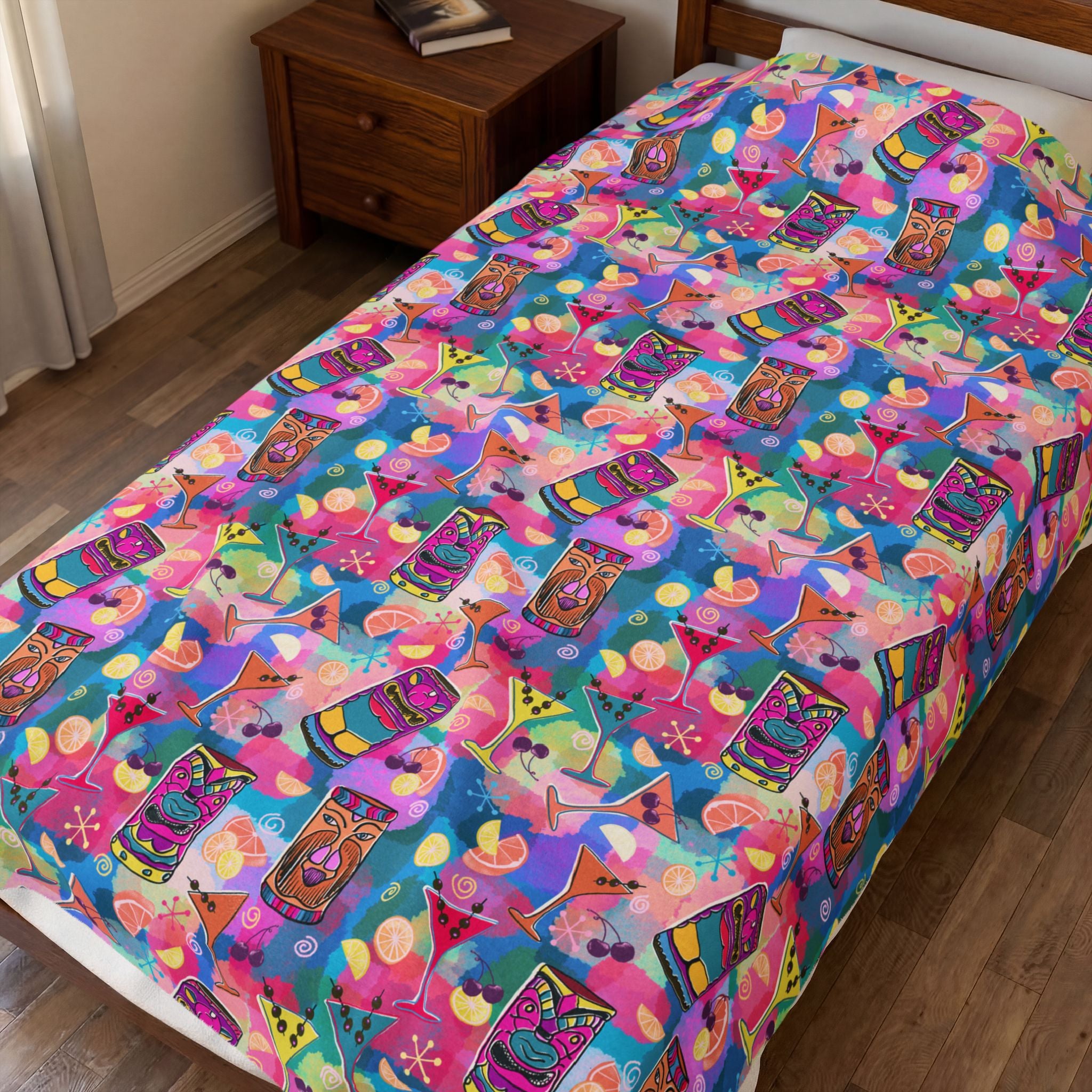 Kitschy Tiki in Multicolor Pink Minky Velveteen Blanket — Colorful Bohemian Plush Throw