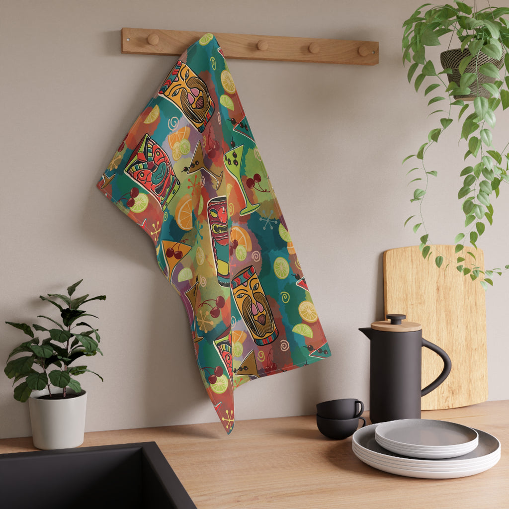 Kitschy Tiki Bar Tea Towel — Mid-Century Green Kitchen Dish Towel