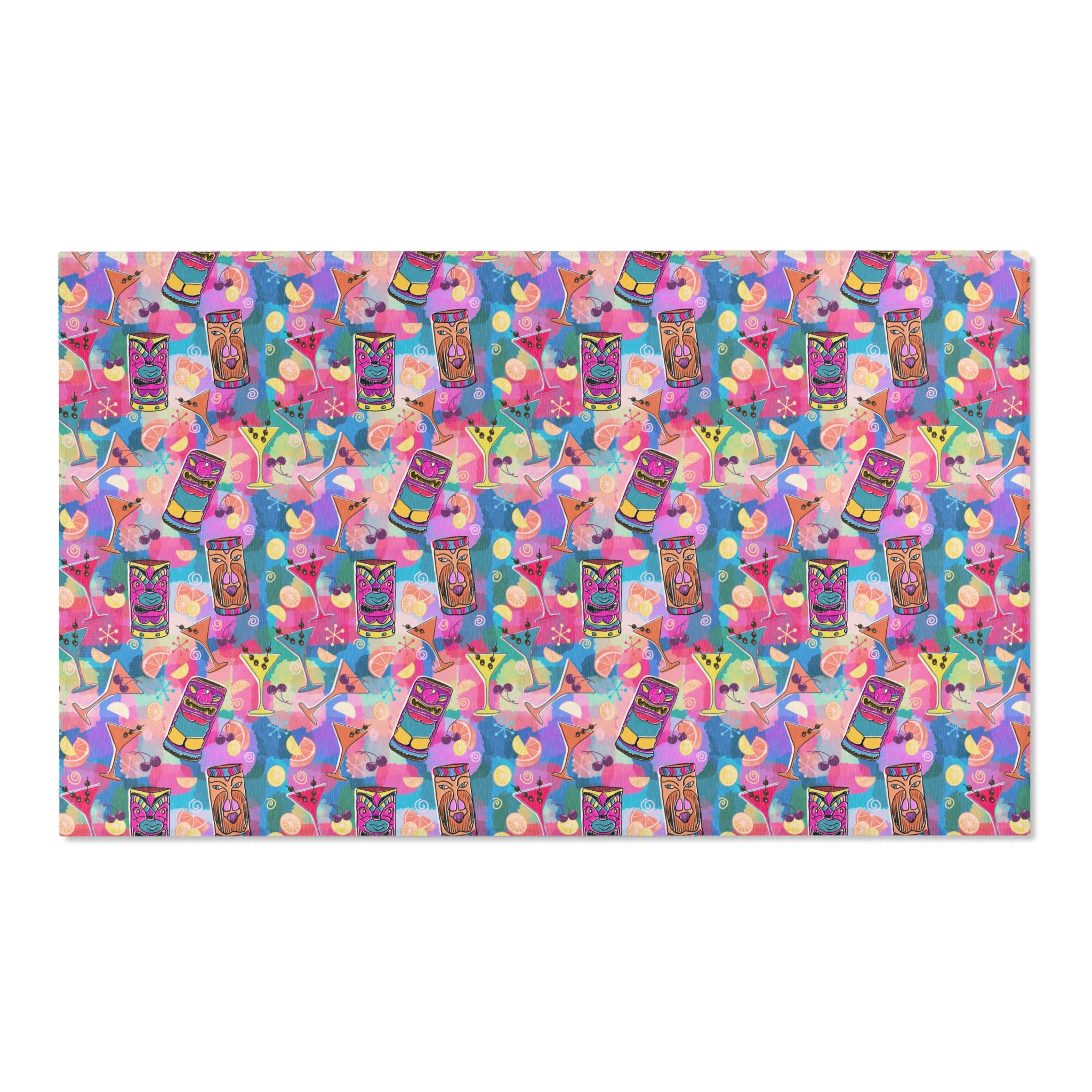 Kitschy Tiki Multicolor Pink Area Rug — Distressed Ornamental Accent Rug for Living Room, She-Sheds & Man Caves
