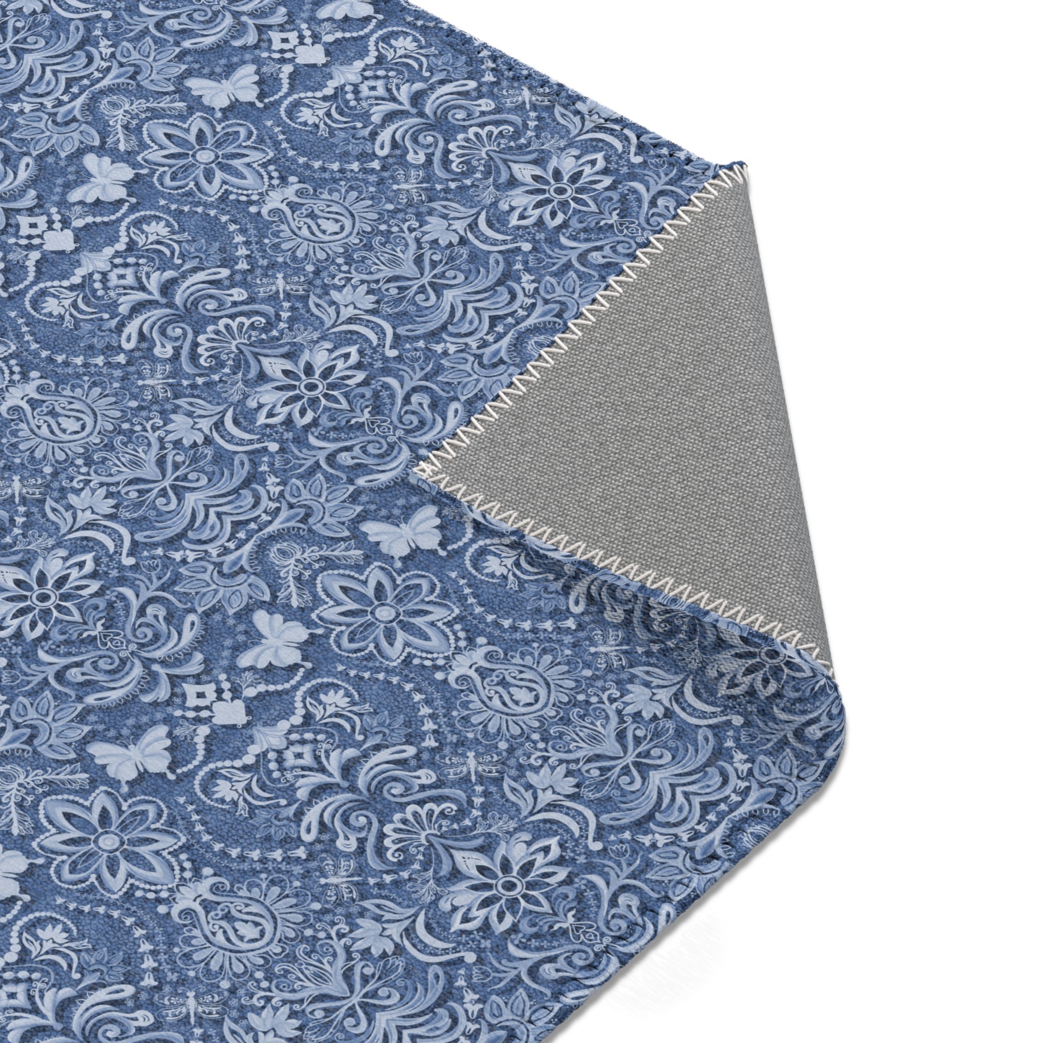 Vintage Brocade Blue Floral Butterfly Area Rug — Distressed Ornamental Accent Rug for Living Room & Bedroom