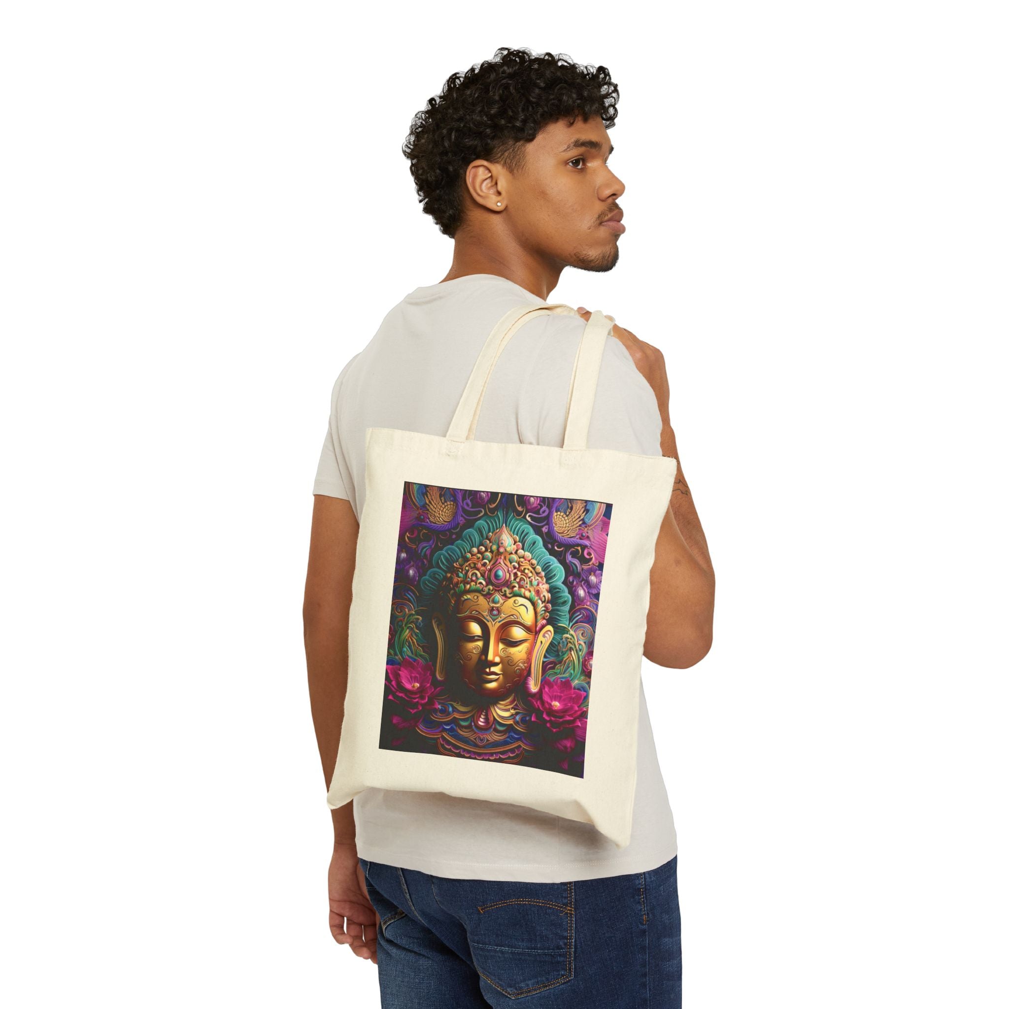 Buddha Canvas Tote Bag — Vibrant Golden Buddha Art Eco-Friendly Cotton Shopper