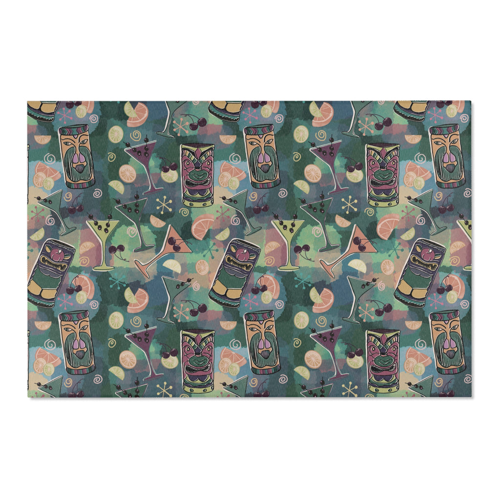 Kitschy Tiki in Pine Green Area Rug — Distressed Ornamental Accent Rug for Living Room, She-Sheds & Man Caves