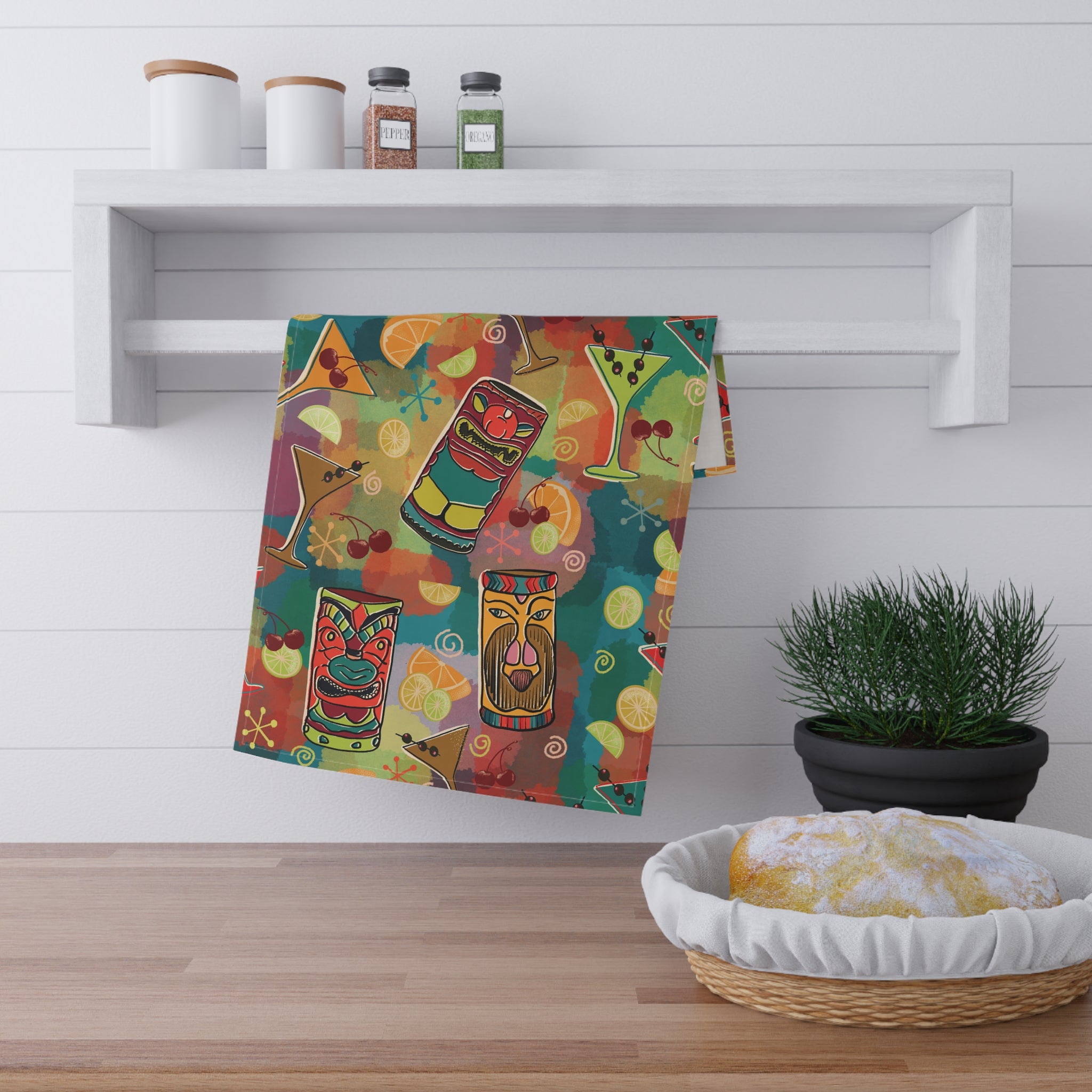 Kitschy Tiki Bar Tea Towel — Mid-Century Green Kitchen Dish Towel