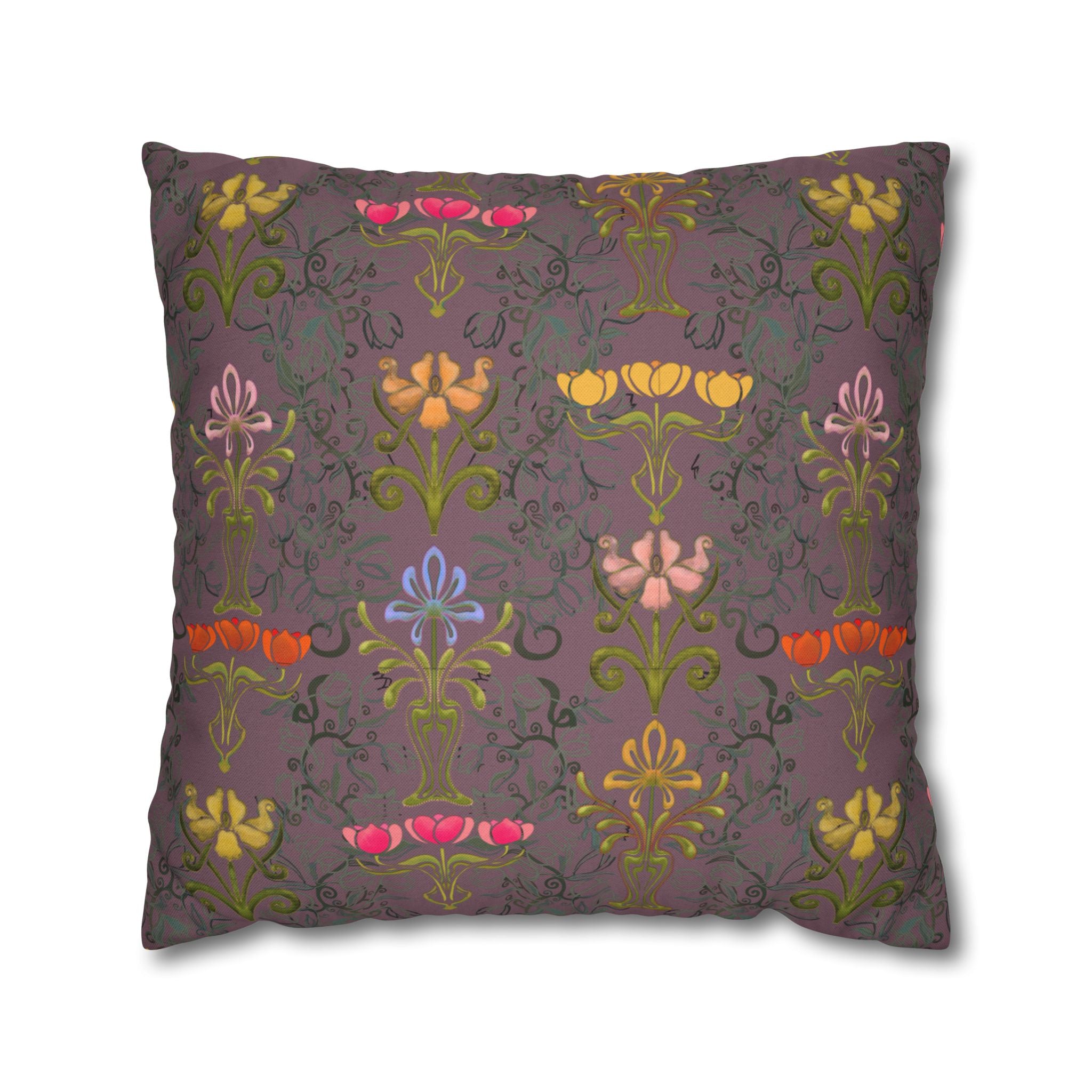 Ornate Floral Tulips in Earth Slate Decorative Square Pillowcase
