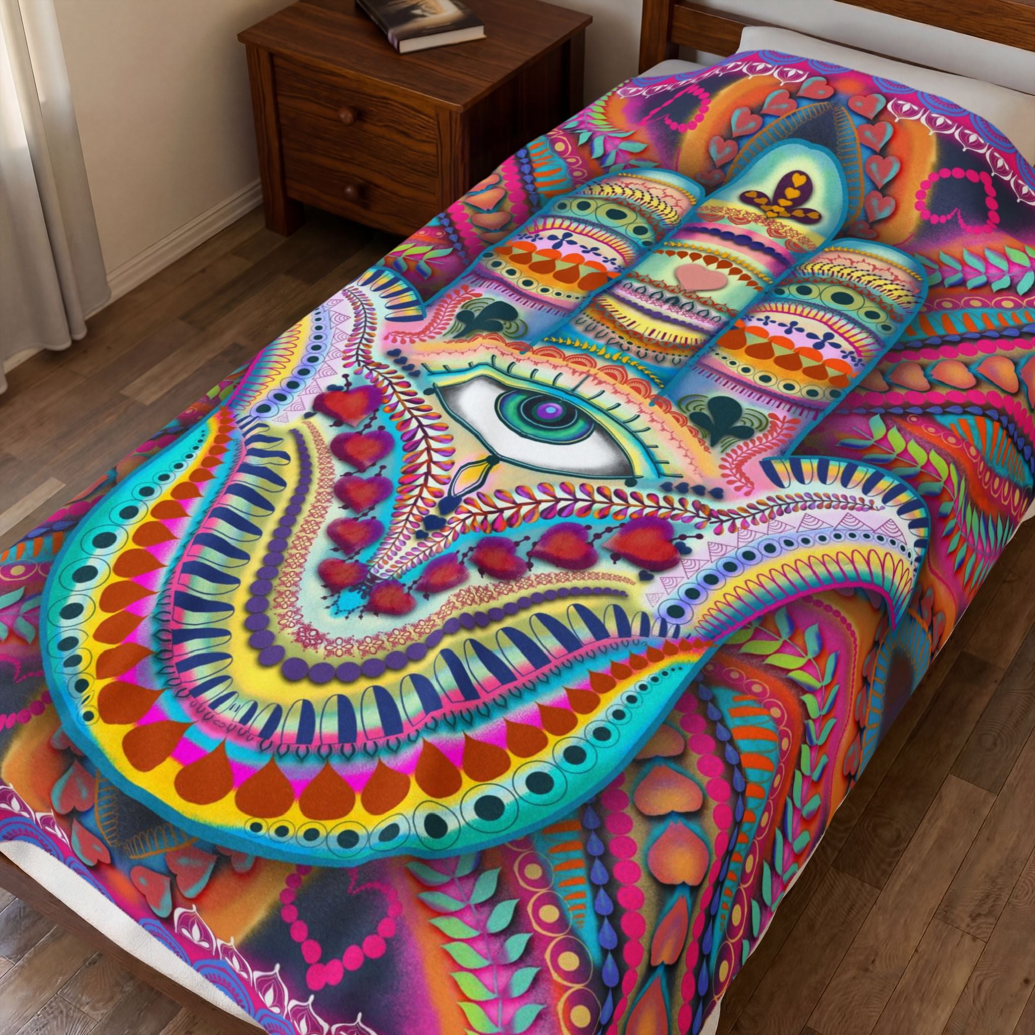 Hamsa Design Number 3 Minky Velveteen Blanket — Colorful Hamsa Eye Bohemian Plush Throw