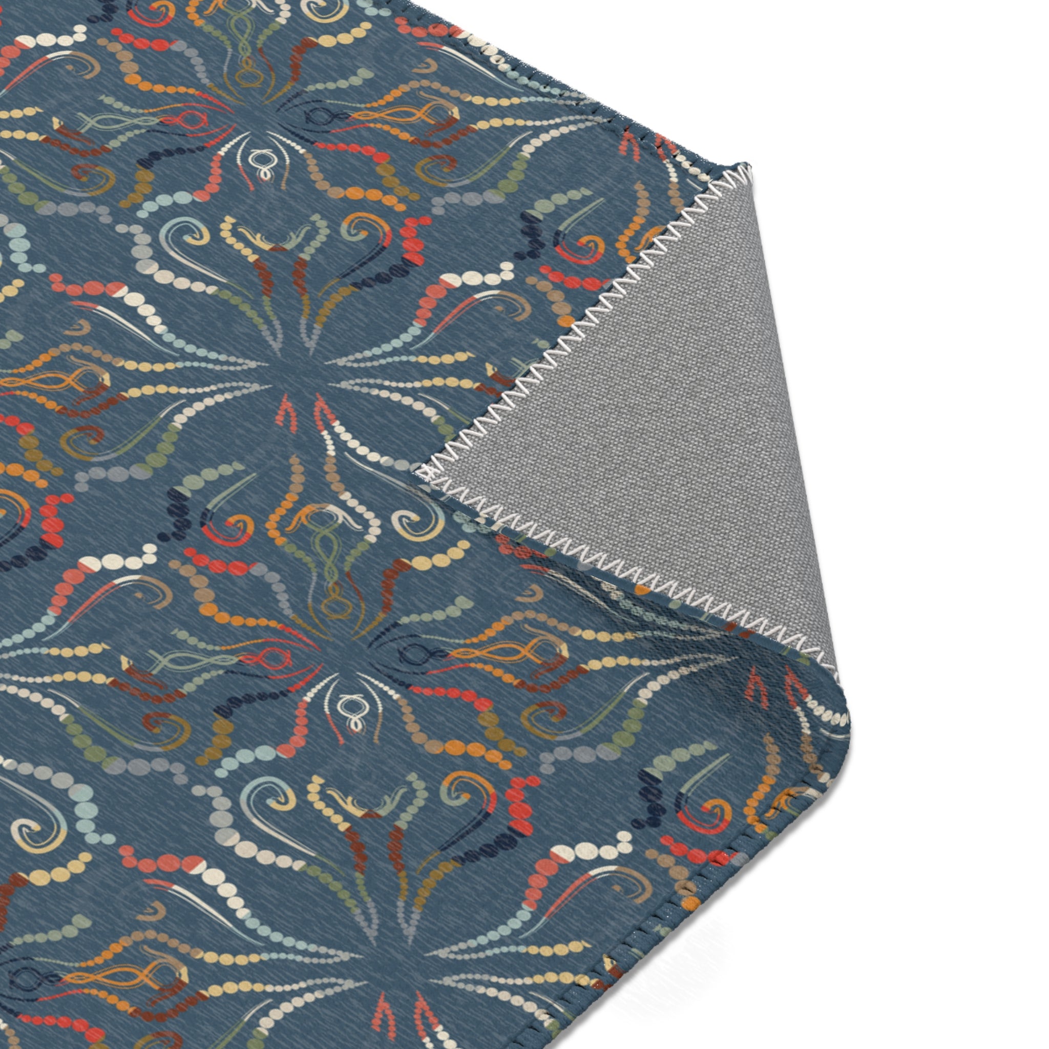Retro Western Farmhouse Area Rug in Blue Jean Blues— Distressed Ornamental Accent Rug for Living Room, She-Sheds & Man Caves