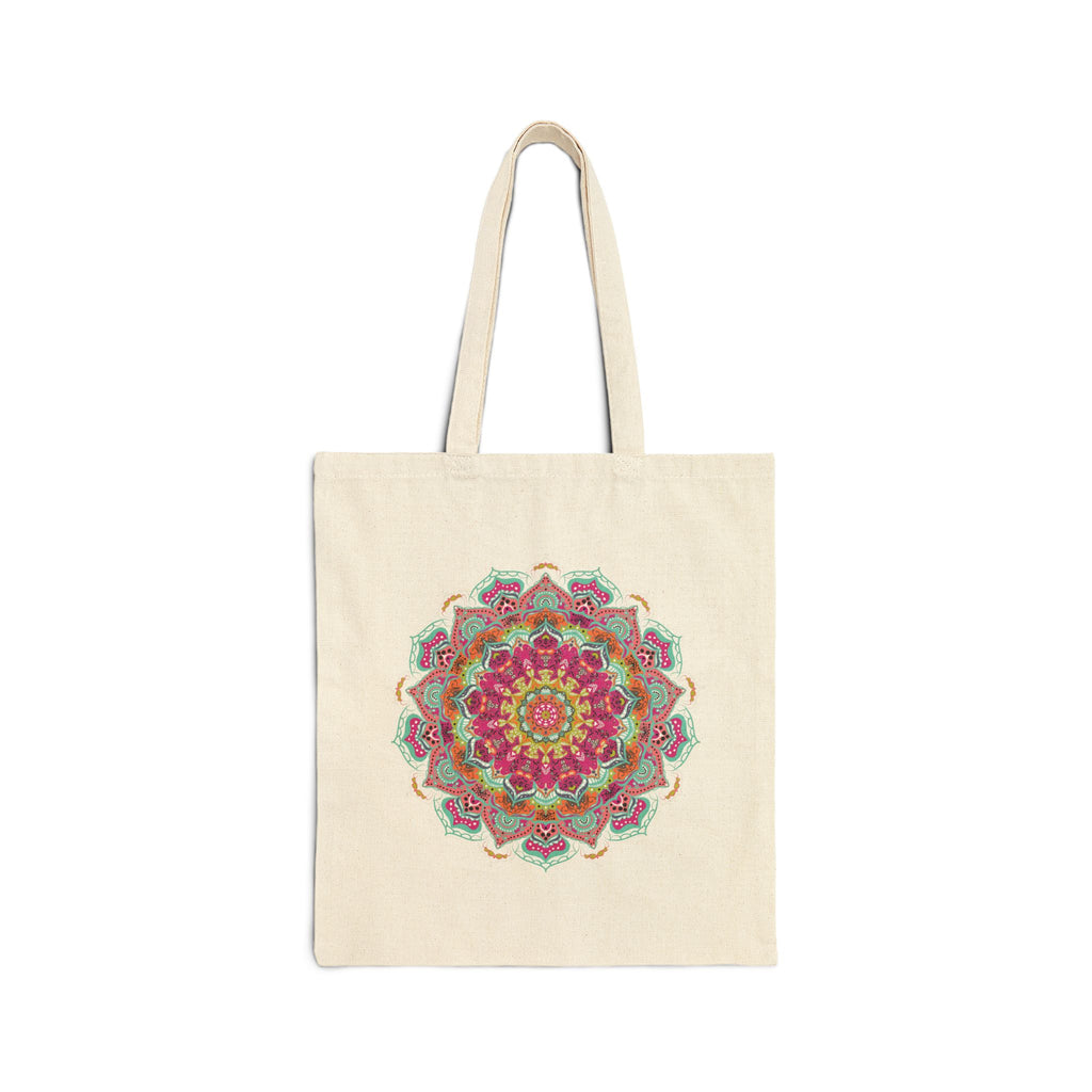 Turquoise & Pink Mandala Cotton Canvas Tote Bag — Vibrant Floral Shopper