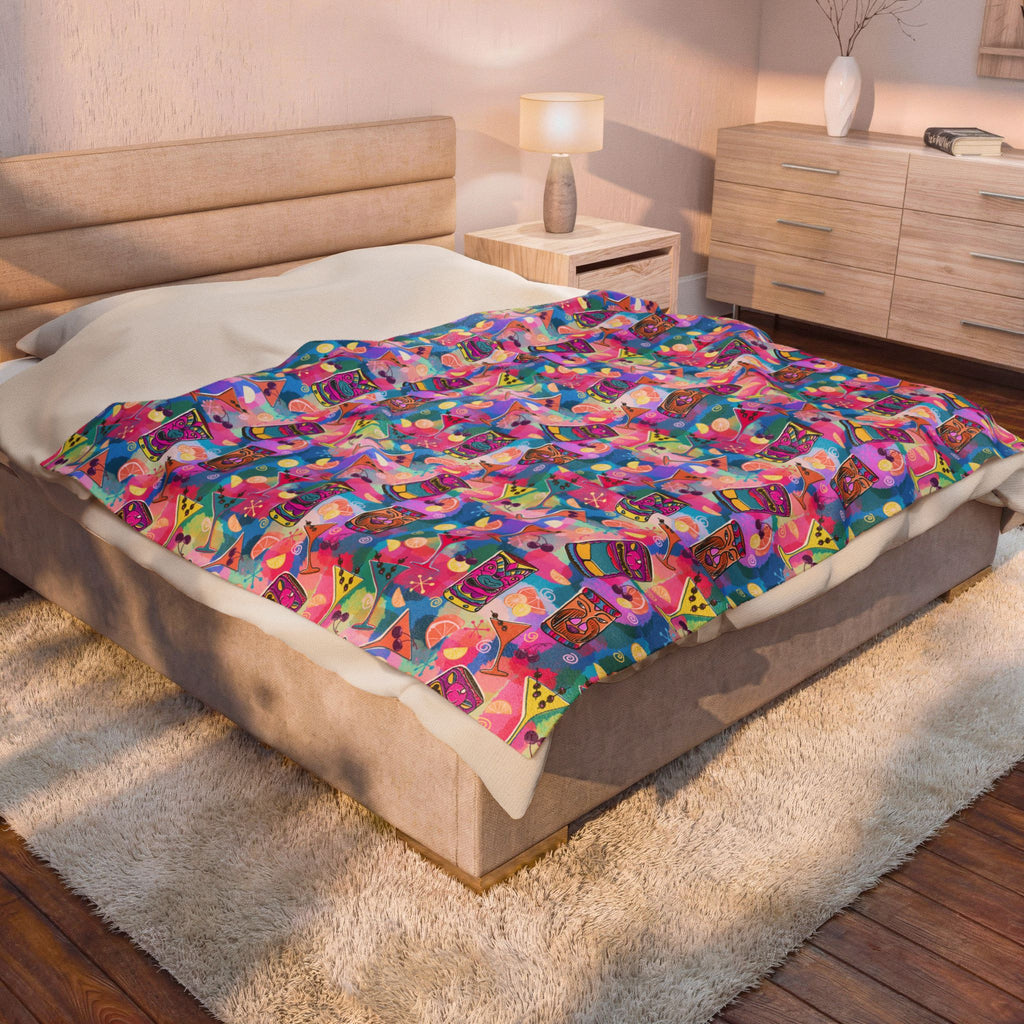 Kitschy Tiki in Multicolor Pink Minky Velveteen Blanket — Colorful Bohemian Plush Throw