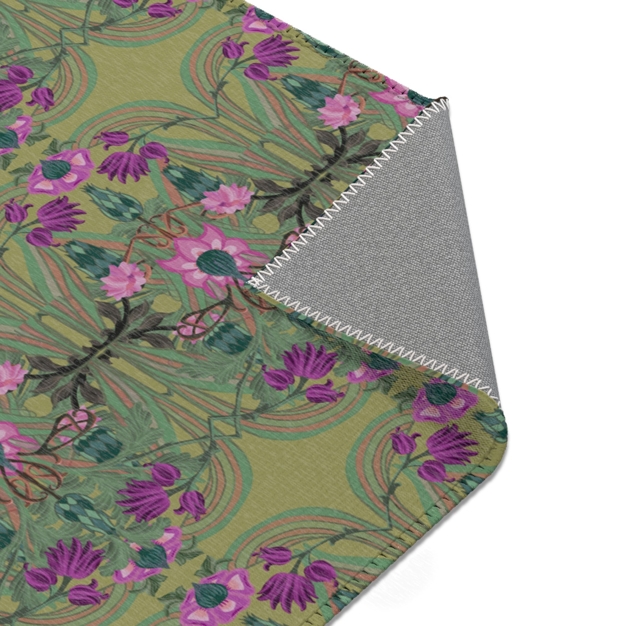 Boho Art Deco Moss & Purple Area Rug — Distressed Ornamental Accent Rug