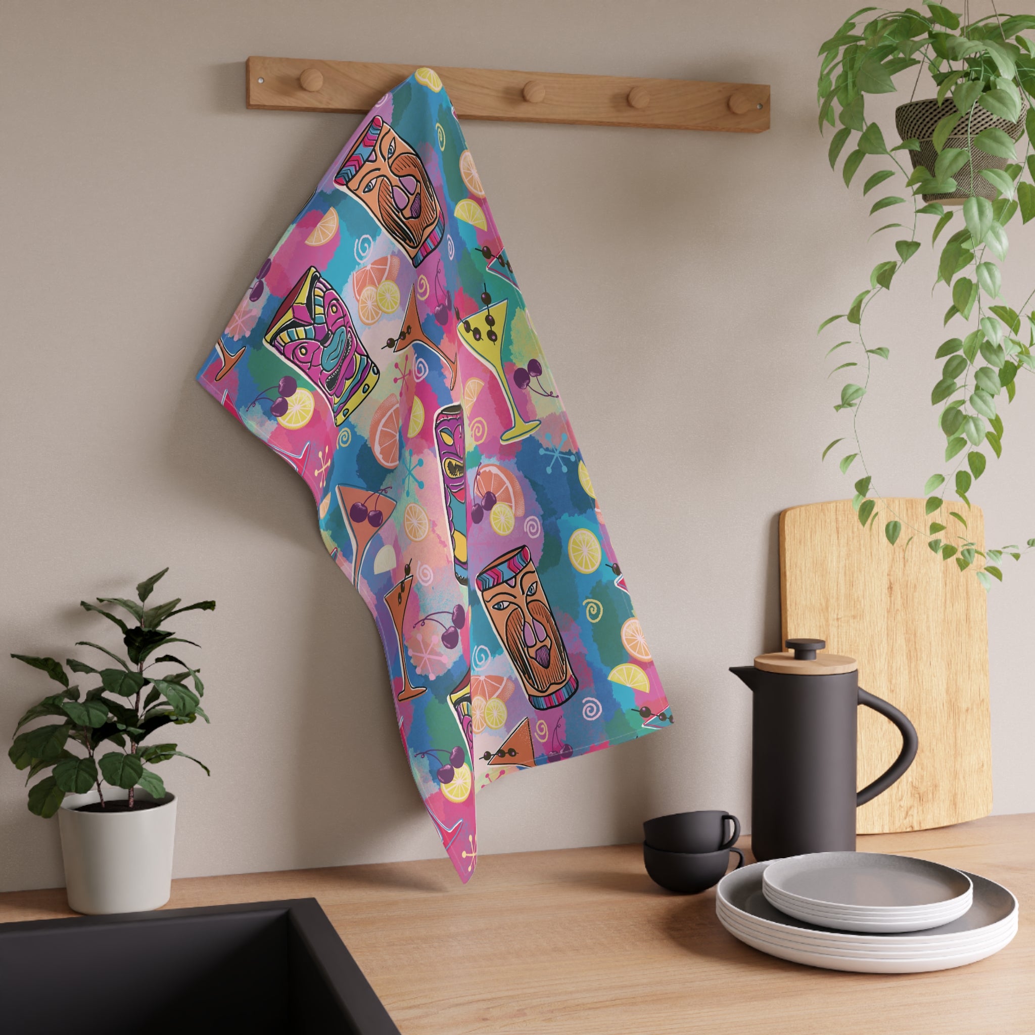 Kitschy Tiki Bar Tea Towel — Mid-Century in Multi Colors and Pinks Kitchen Dish Towel