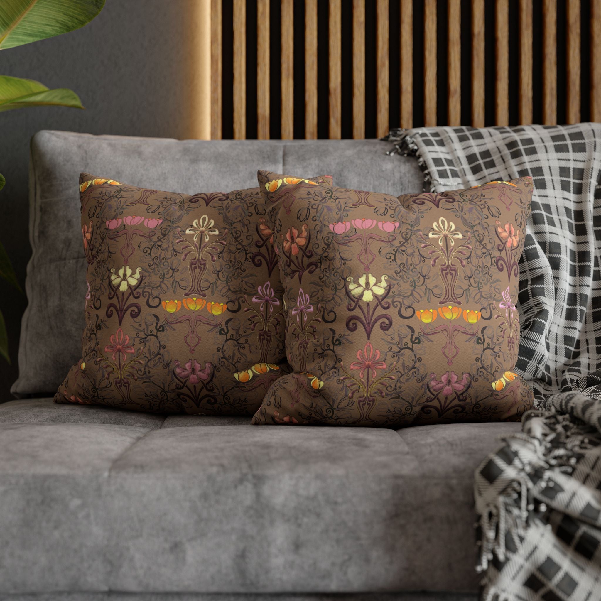 Warm Yellow Ornate Floral Tulips Decorative Square Pillowcase