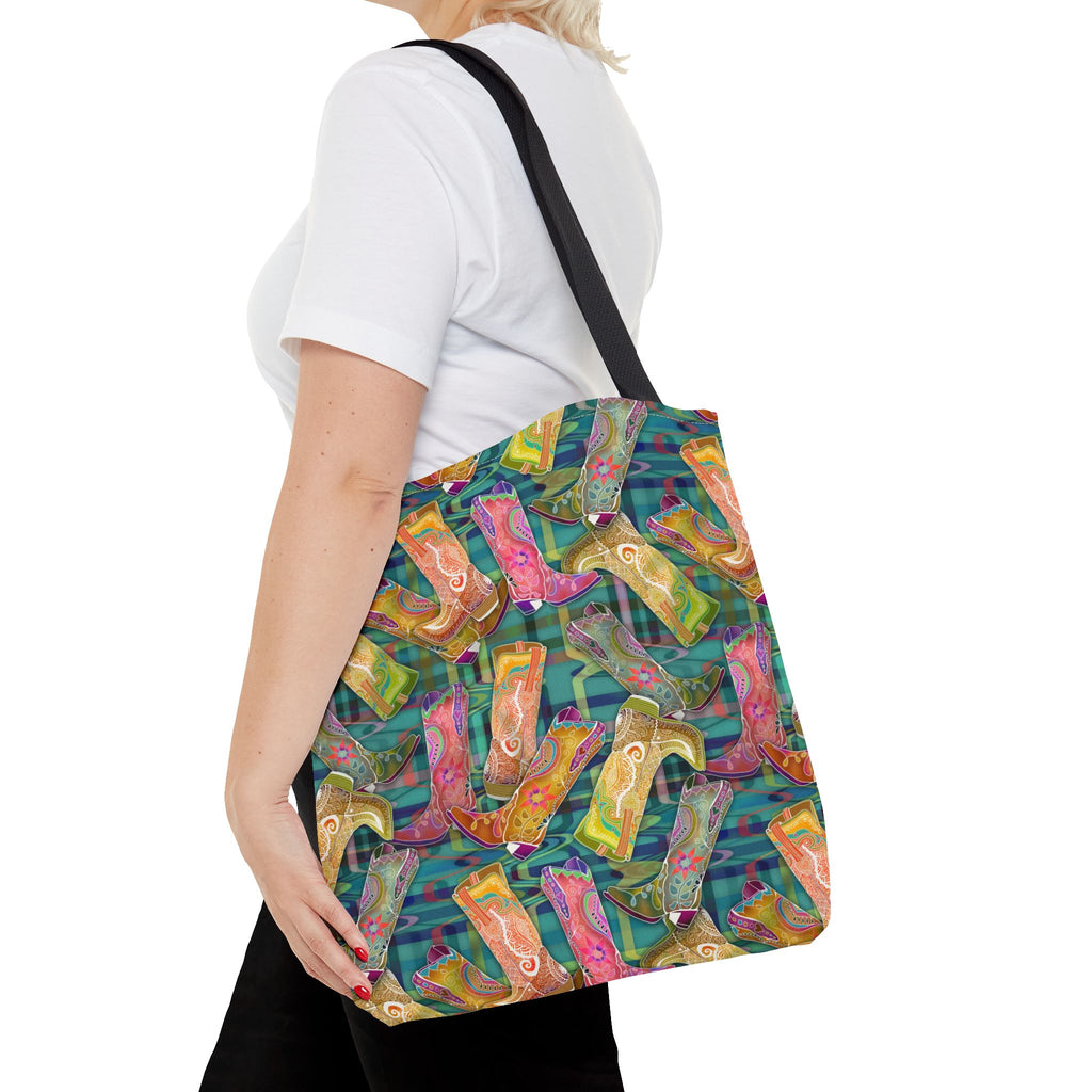 Lets Go Glamping Cowgirl Boots Boho Tote Bag — Green Multicolor All-Over Print