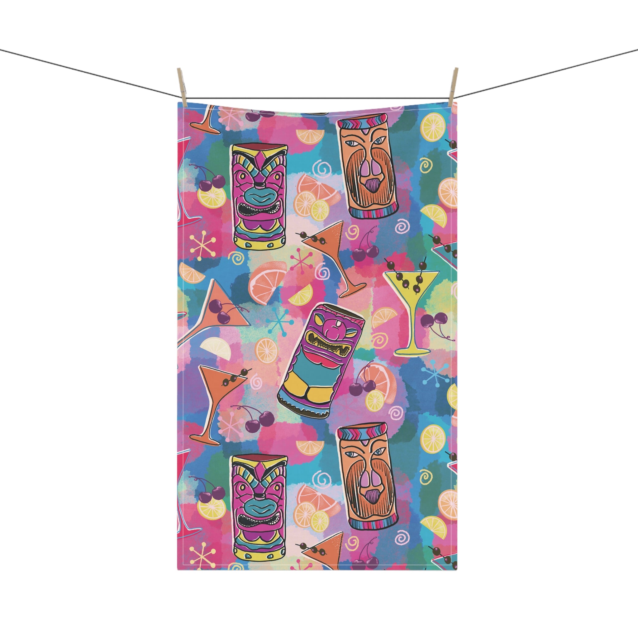 Kitschy Tiki Bar Tea Towel — Mid-Century in Multi Colors and Pinks Kitchen Dish Towel