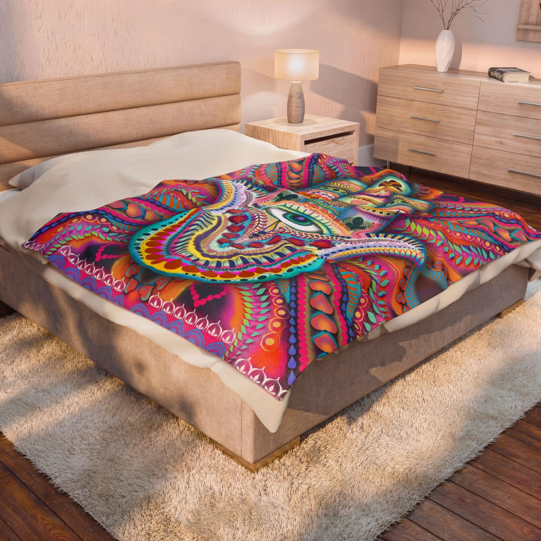 Hamsa Design Number 3 Minky Velveteen Blanket — Colorful Hamsa Eye Bohemian Plush Throw