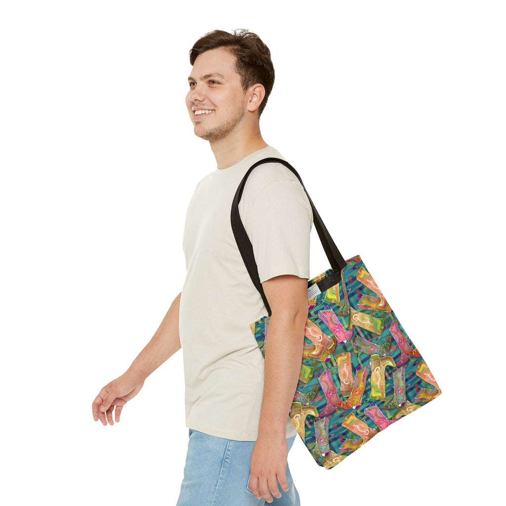 Lets Go Glamping Cowgirl Boots Boho Tote Bag — Green Multicolor All-Over Print