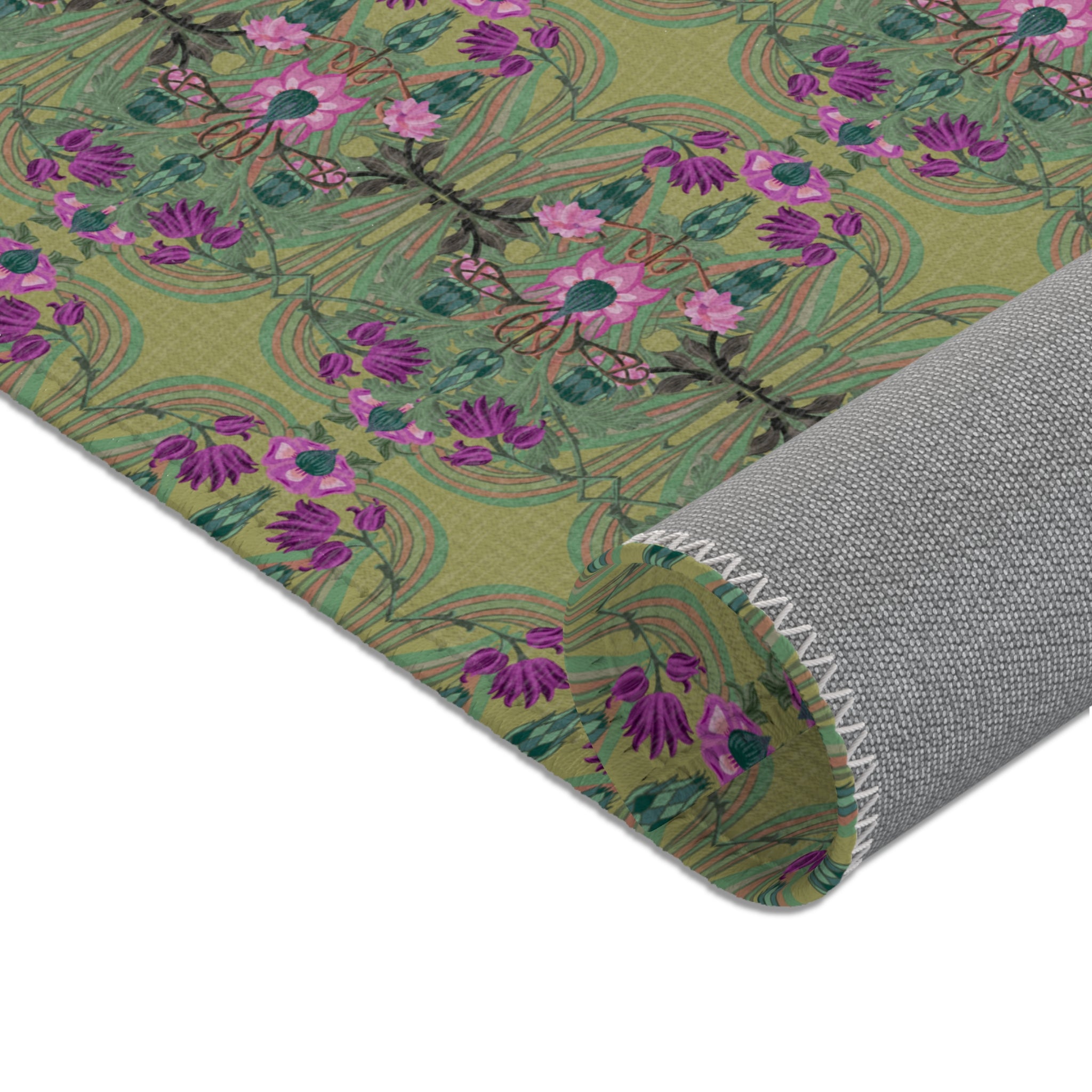 Boho Art Deco Moss & Purple Area Rug — Distressed Ornamental Accent Rug