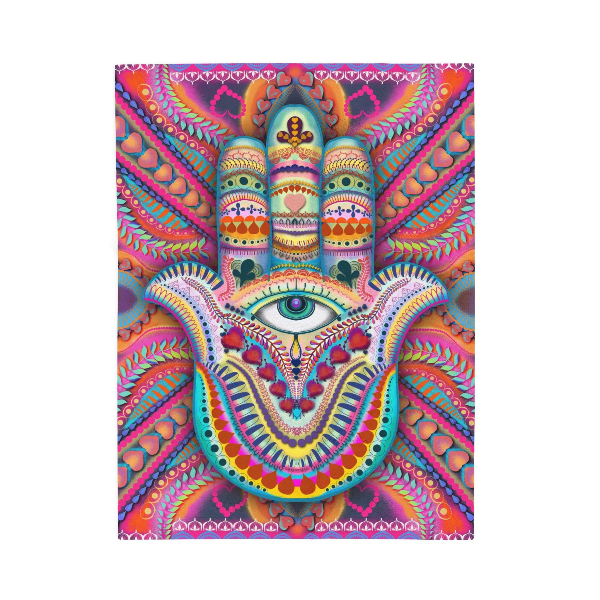 Hamsa Design Number 3 Minky Velveteen Blanket — Colorful Hamsa Eye Bohemian Plush Throw