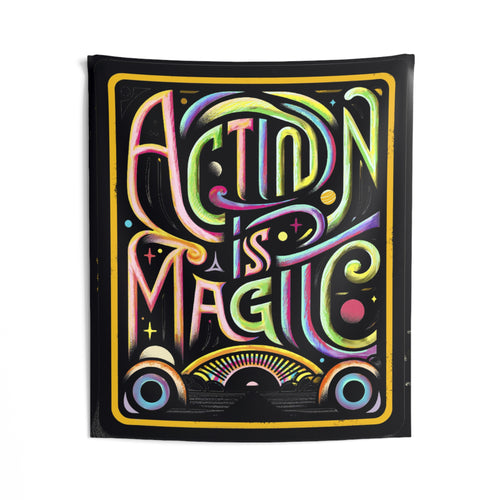 Action Is Magic Blacklight Wall Tapestry — Motivational Bedroom & Reading Nook Decor