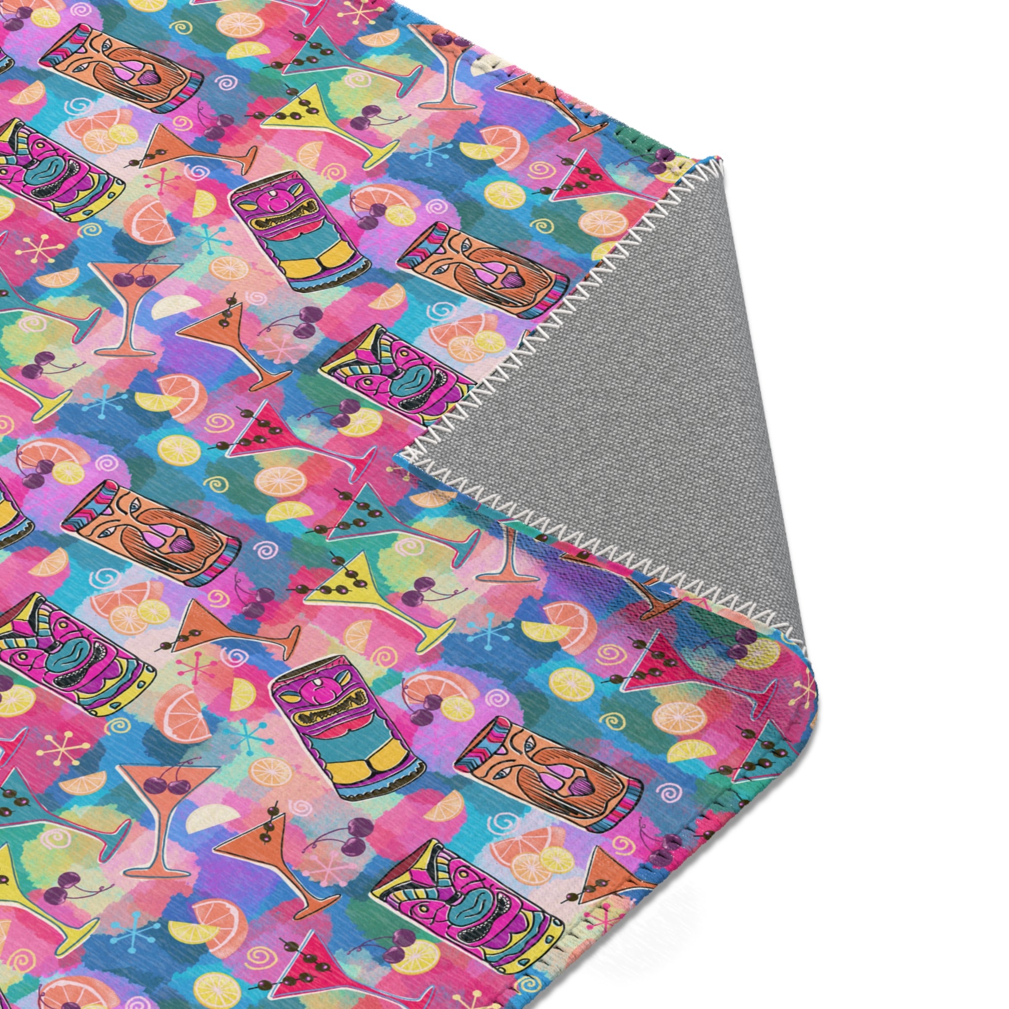 Kitschy Tiki Multicolor Pink Area Rug — Distressed Ornamental Accent Rug for Living Room, She-Sheds & Man Caves