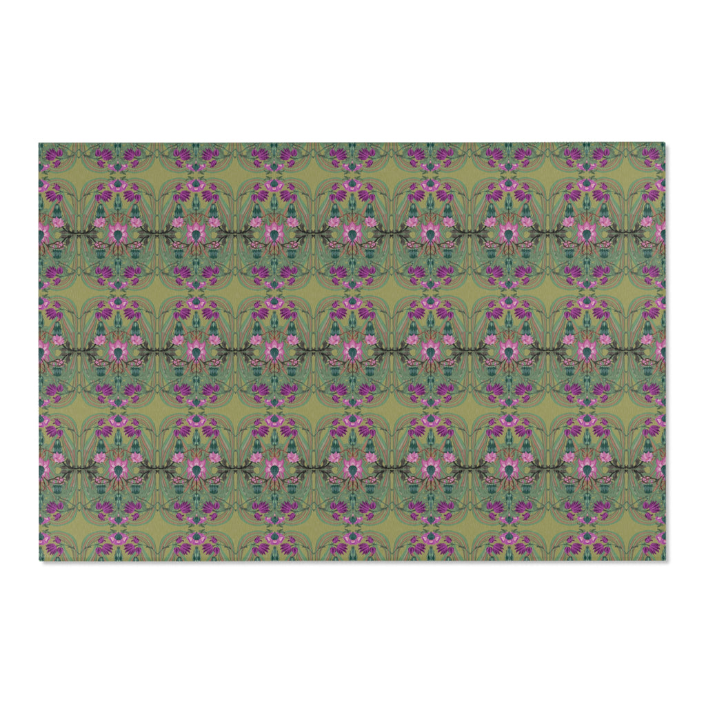 Boho Art Deco Moss & Purple Area Rug — Distressed Ornamental Accent Rug