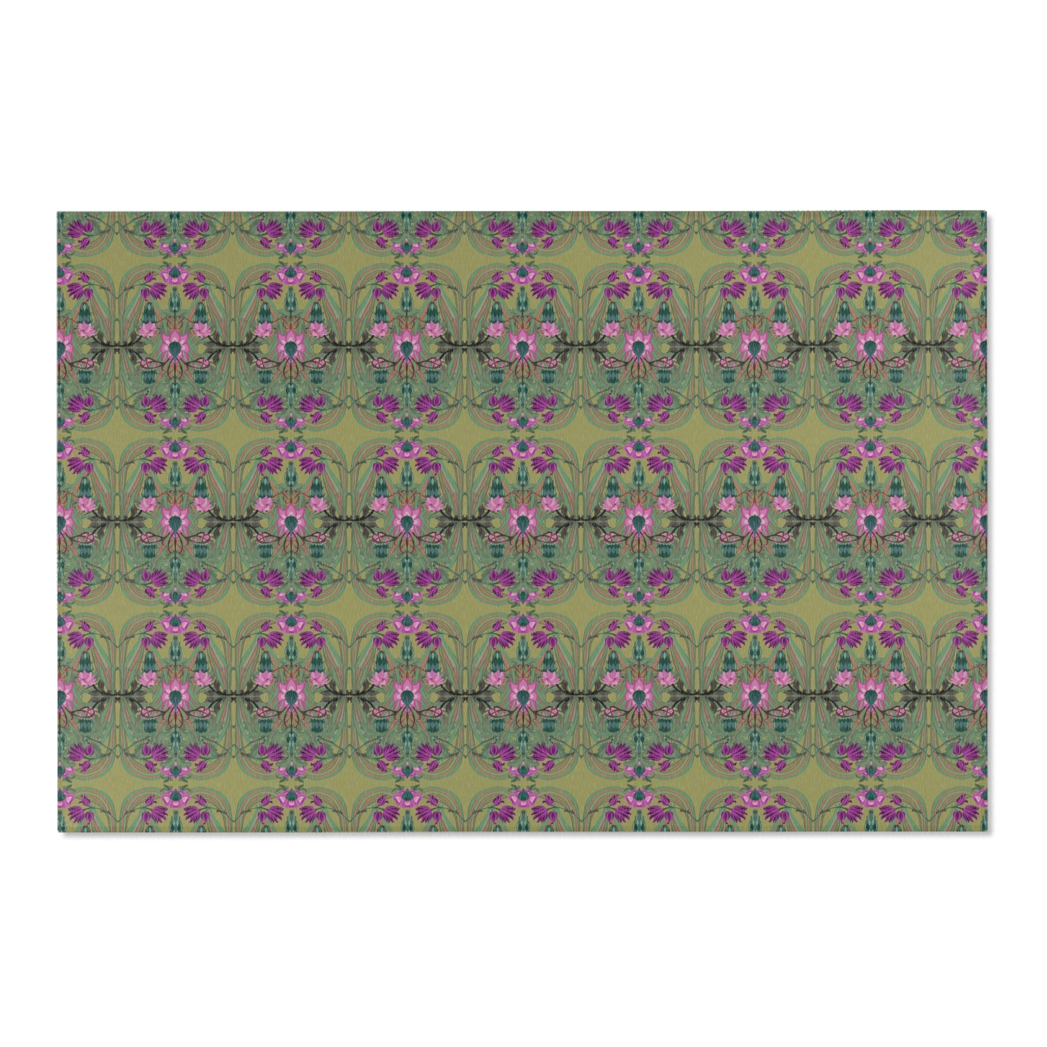 Boho Art Deco Moss & Purple Area Rug — Distressed Ornamental Accent Rug