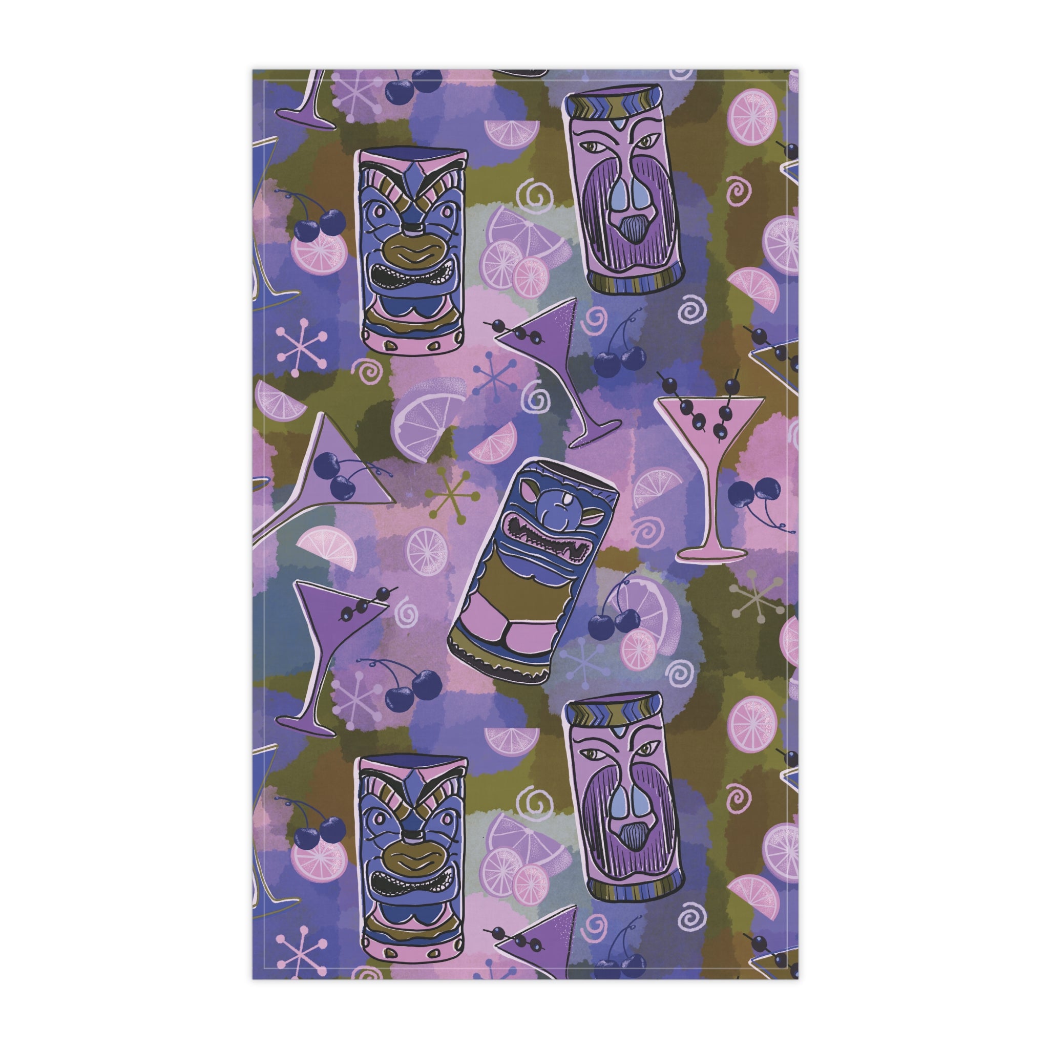 Kitschy Tiki Bar Tea Towel — Mid-Century in Grape and Sage Kitchen Dish Towel